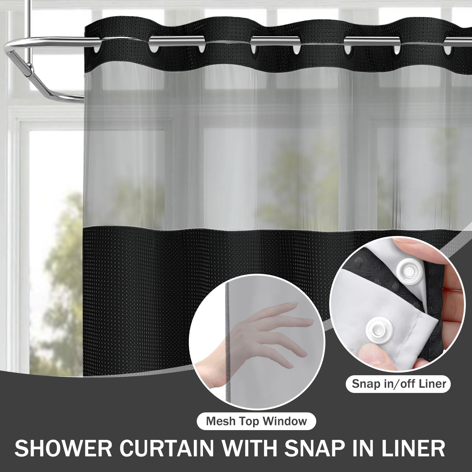No Hook Black Waffle Shower Curtain with Snap-in Liner Set - 81