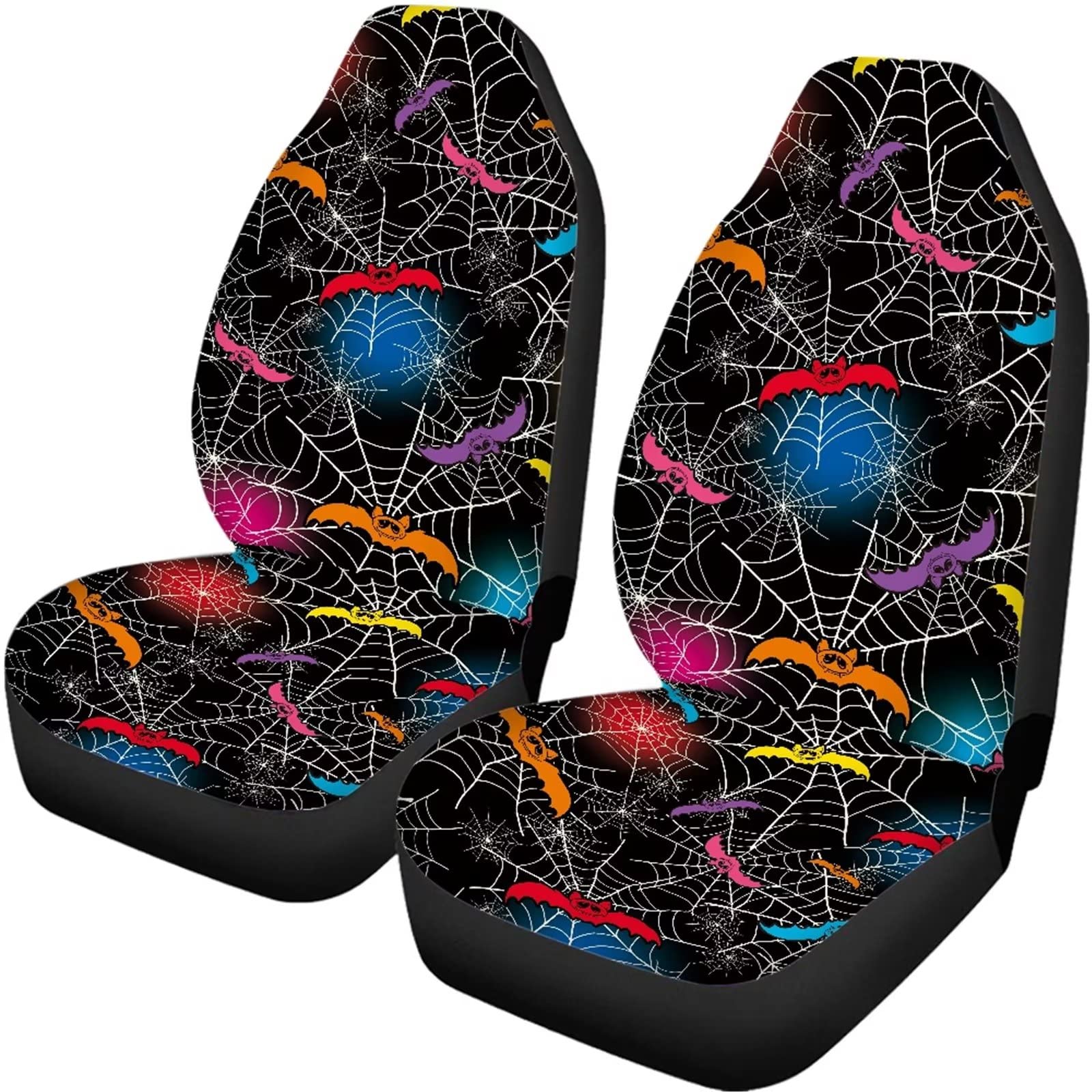 DISNIMO Halloween Spider Web Bat Non-Slip Car Seat Covers - Universal Fit for Cars, Trucks, Vans & SUVs (Front Seats Only) - Comfortable Black Bucket Seat Protectors for Spooky Seasonal Decor & Everyday Use