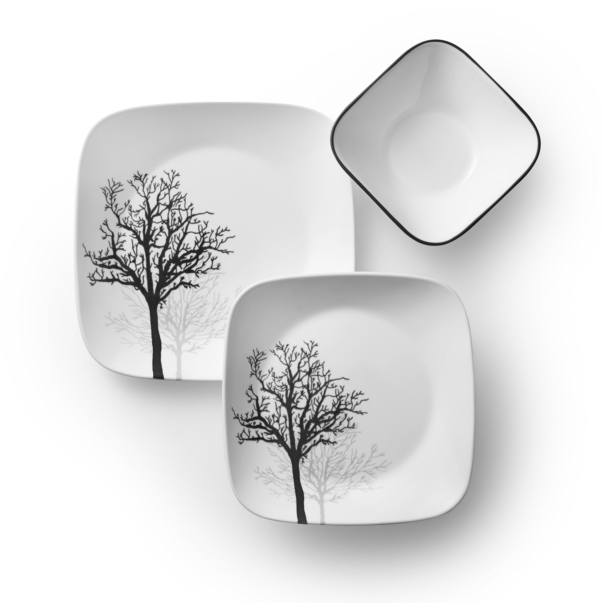 Corelle Vitrelle 18-Piece Dinnerware Set for 6 - Chip Resistant Triple Layer Glass Plates & Bowls - Lightweight Square Dish Set in Timber Shadows Pattern - Perfect for Everyday Dining, Dinner Parties & Family Gatherings