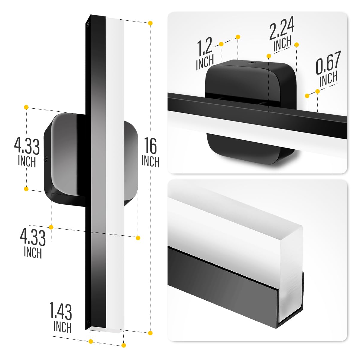 Yarra-Decor 16-inch LED Bathroom Vanity Light Bar - Modern Mirror Lighting Fixture with 6000K Daylight White, Dimmable Wall Sconce for Bathroom, Bedroom & Makeup Area (Black) - Perfect for Vanity Mirror Illumination and Ambient Lighting