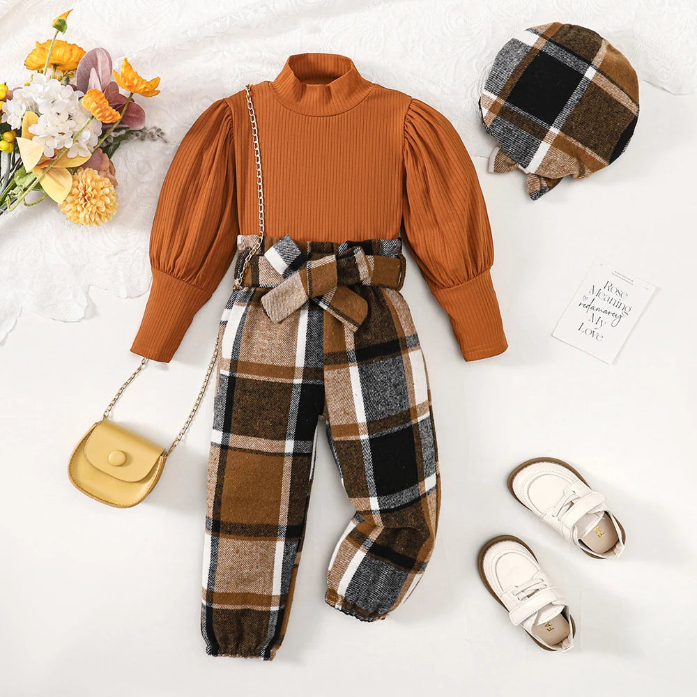 18M-6Y Girls Autumn Outfit Set - Solid Color Puff Sleeve Top + Bow Plaid Pants + Hat 3-Piece Fashion Ensemble | Perfect for Fall Festivals, Photo Shoots & Special Occasions