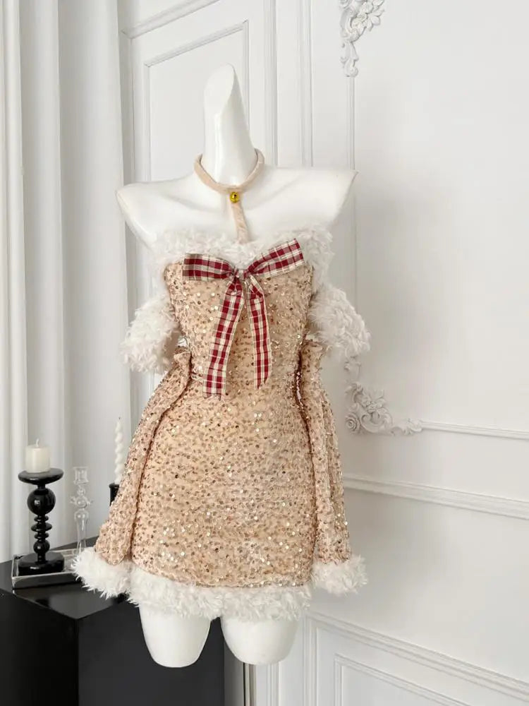 Elegant Gold Sequin Patchwork Halter Mini Dress for Women - Backless Bow Design, Slim Fit, Sexy Wrapped Hip, Korean Fashion | Perfect for Cocktail Parties, Date Nights & Special Occasions