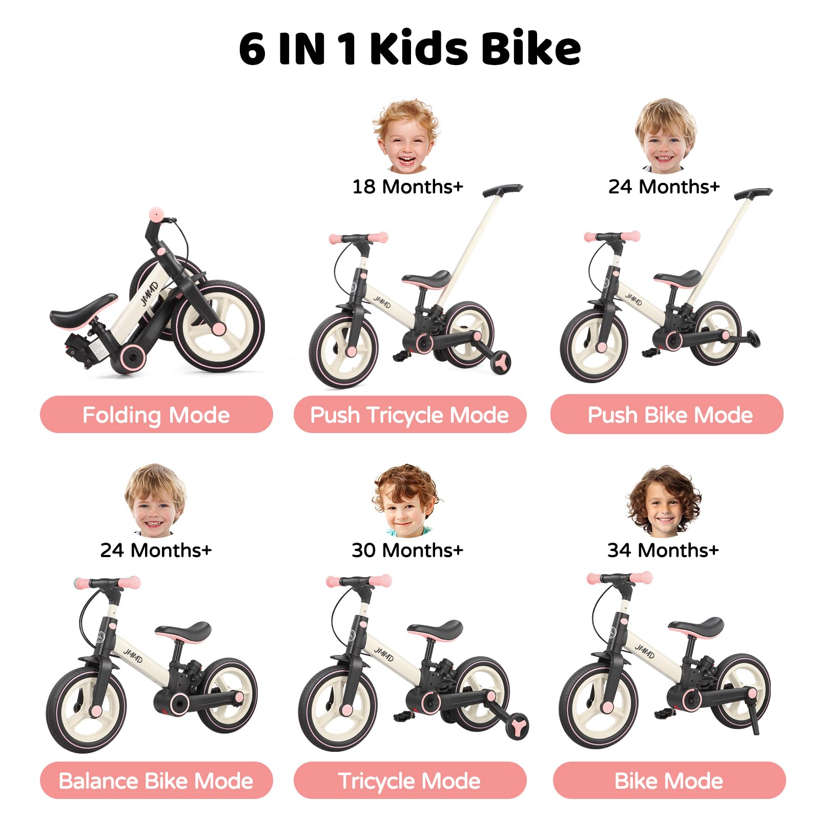 JMMD 6-in-1 Foldable Toddler Bike with Push Handle, Training Wheels, Pedals & Brakes - Adjustable Balance Bike for Kids 18-60 Months - Perfect First Bike Gift for Boys & Girls - Ideal for Backyard Riding, Park Adventures & Learning to Cycle