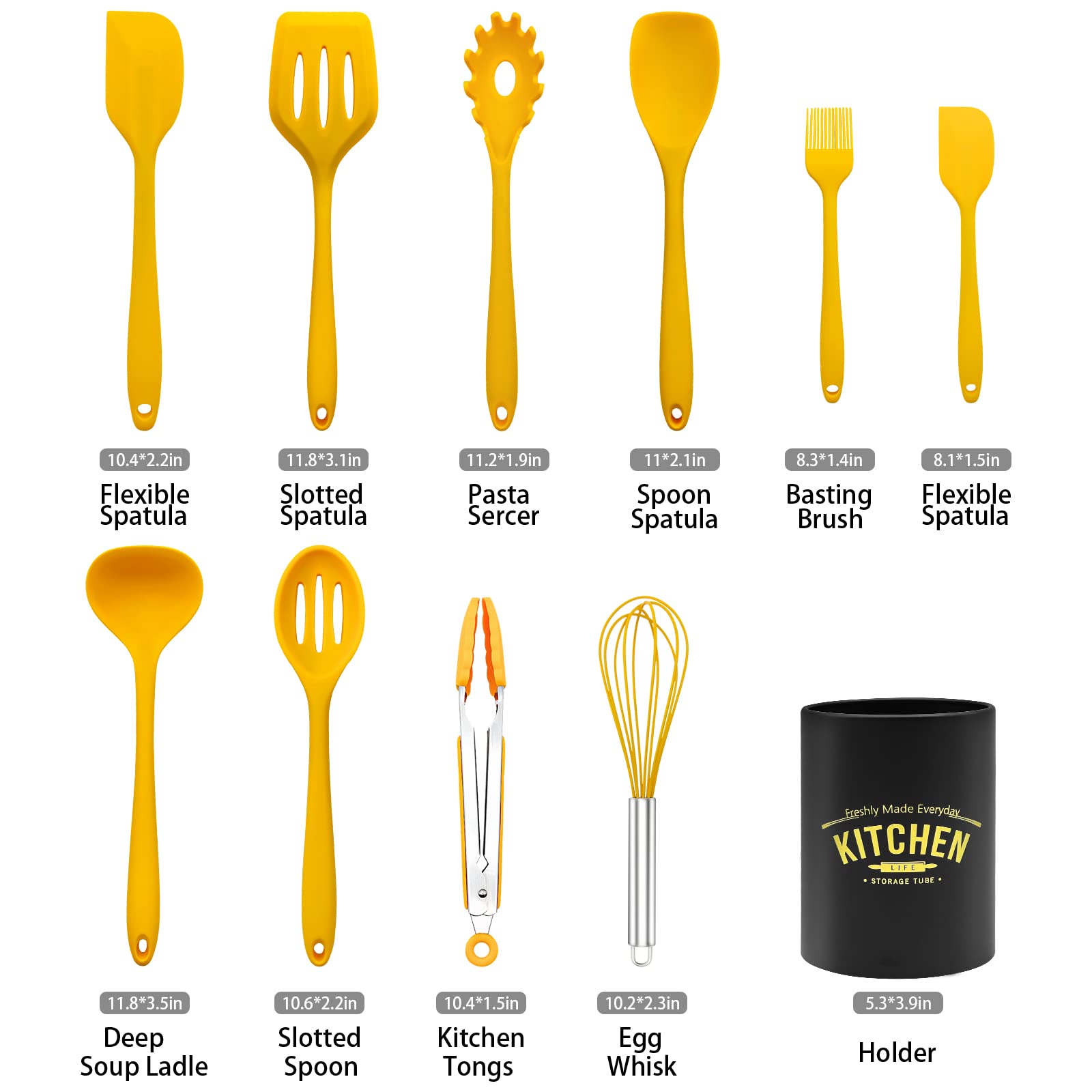 11-Piece Non-Stick Silicone Kitchen Utensil Set with Iron Holder - Yellow Cooking Tools for Baking, Frying & Grilling - Perfect Gift for Home Chefs & Cooking Enthusiasts