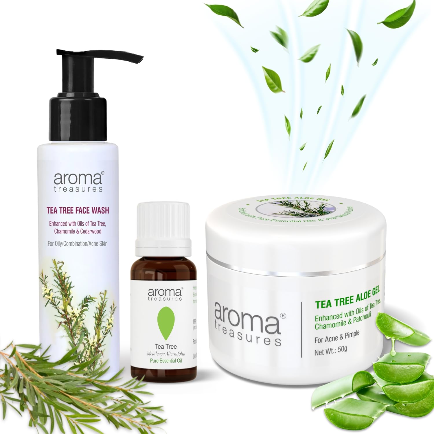 Aroma Treasures Acne Pimple Mini Combo Set - Tea Tree Oil, Face Wash & Aloe Gel for Clear Skin | Perfect for Daily Skincare Routine & Travel