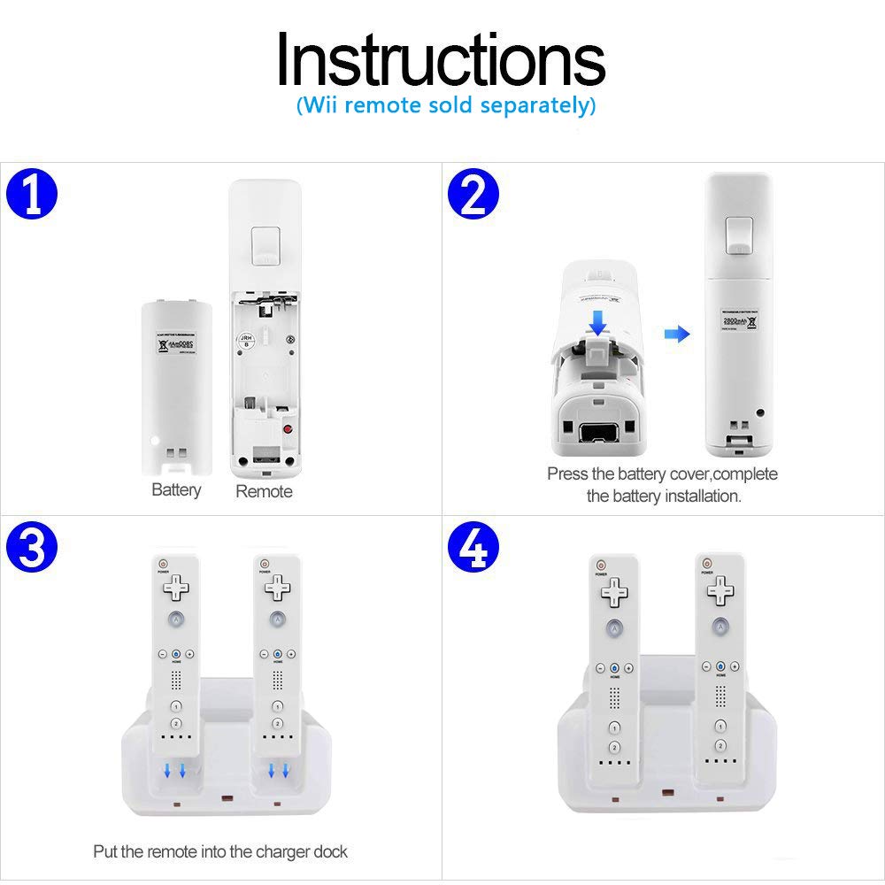 Wii U Charger Dock Station for Wii Remote & Wii U Gamepad with 2 Rechargeable Batteries & Charging Cable - White | Fast Charging LED Indicator | Perfect for Gaming Sessions & Multiplayer Parties