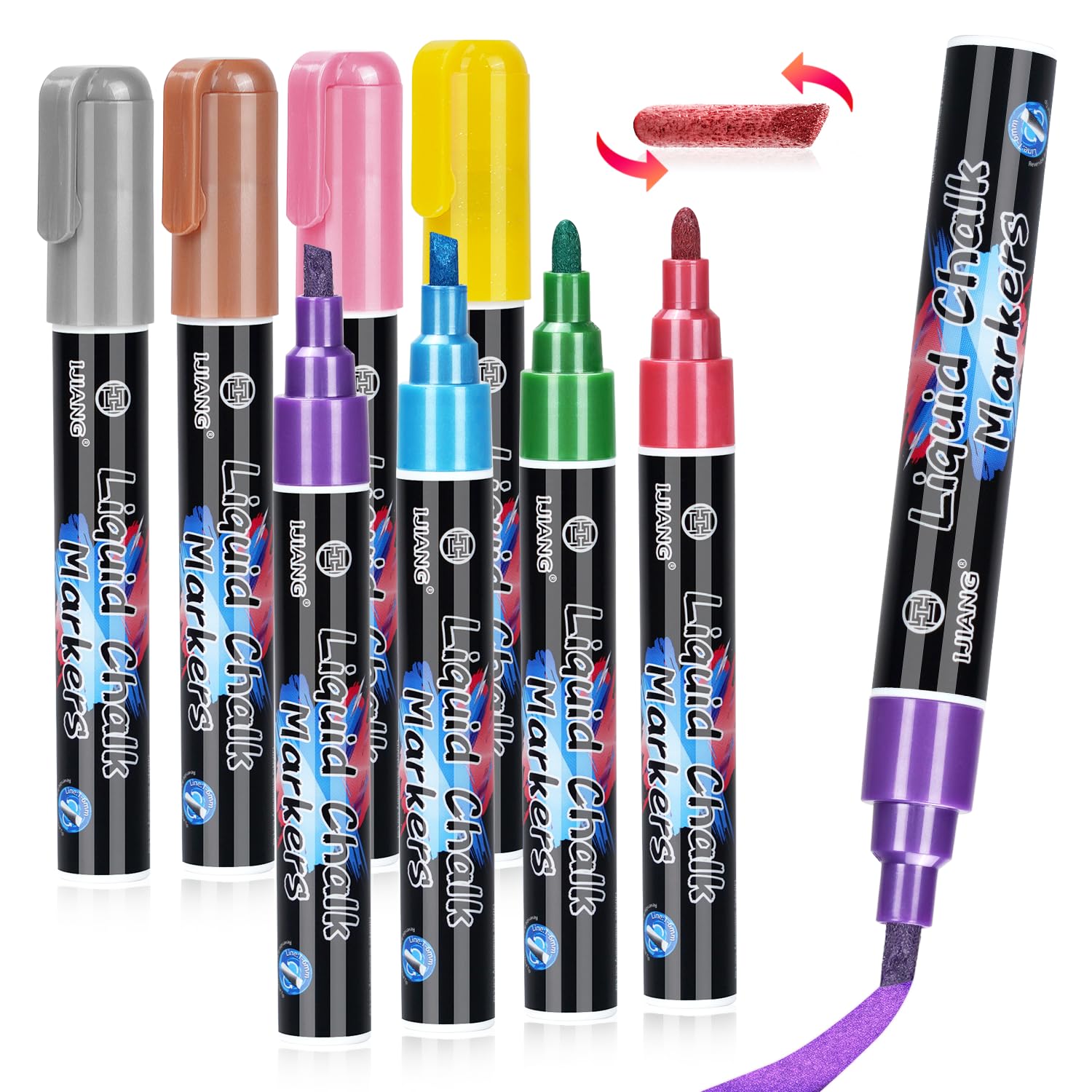 Metallic Liquid Chalk Markers Set - 8 Vibrant Colors, 6MM Reversible Tip, Non-Toxic & Erasable - Perfect for Chalkboards, Whiteboards, Menus, Posters, Metal, Plastic & Ceramic Surfaces - Ideal for Restaurants, Cafes, Classrooms & DIY Home Decor