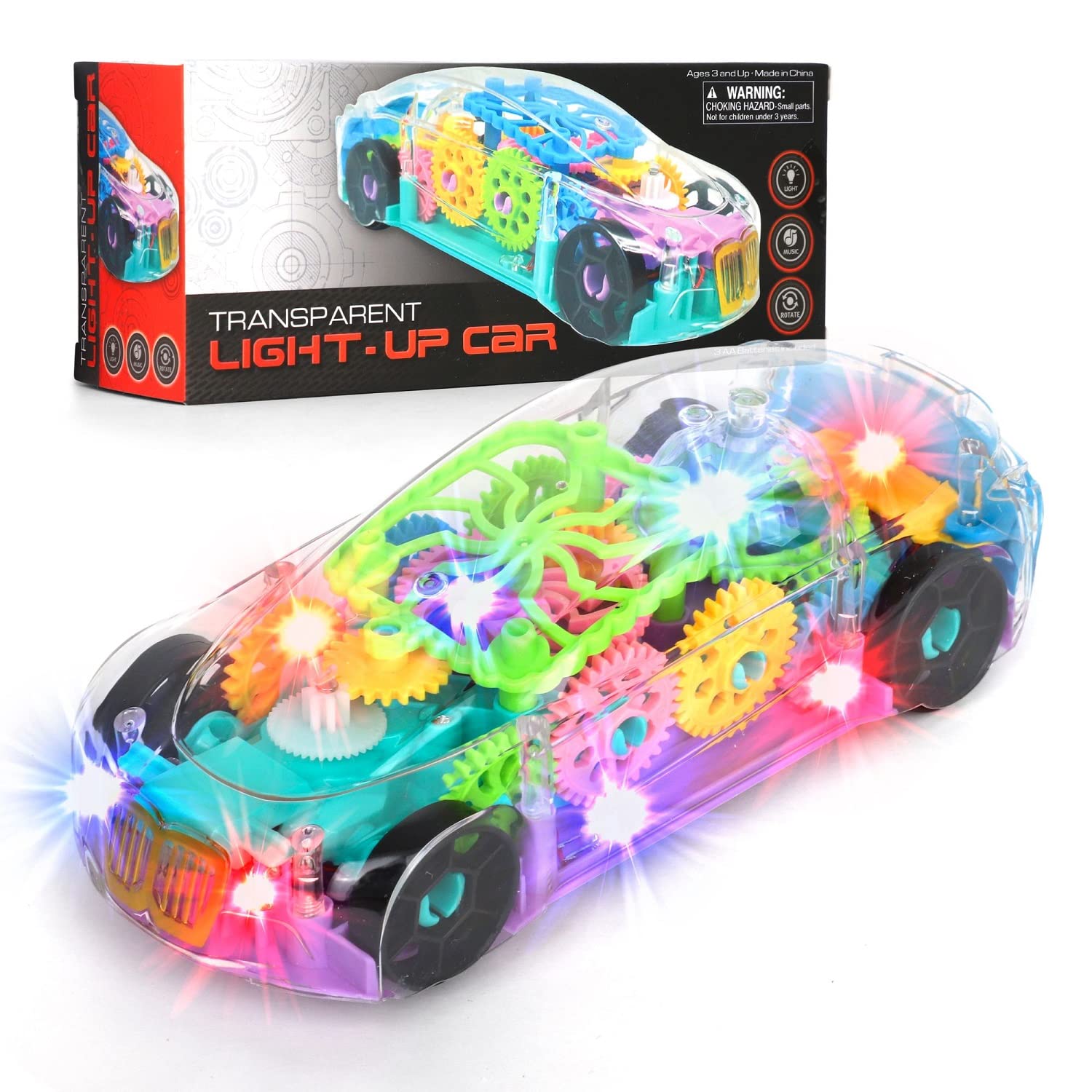 LED Remote Control Toy Car with Music & Bump & Go - 8 Inch Transparent Light Up Vehicle for Toddlers - Sensory Learning Toy for Boys & Girls - Perfect Birthday Gift for Kids - Fun Indoor & Outdoor Playtime Activity