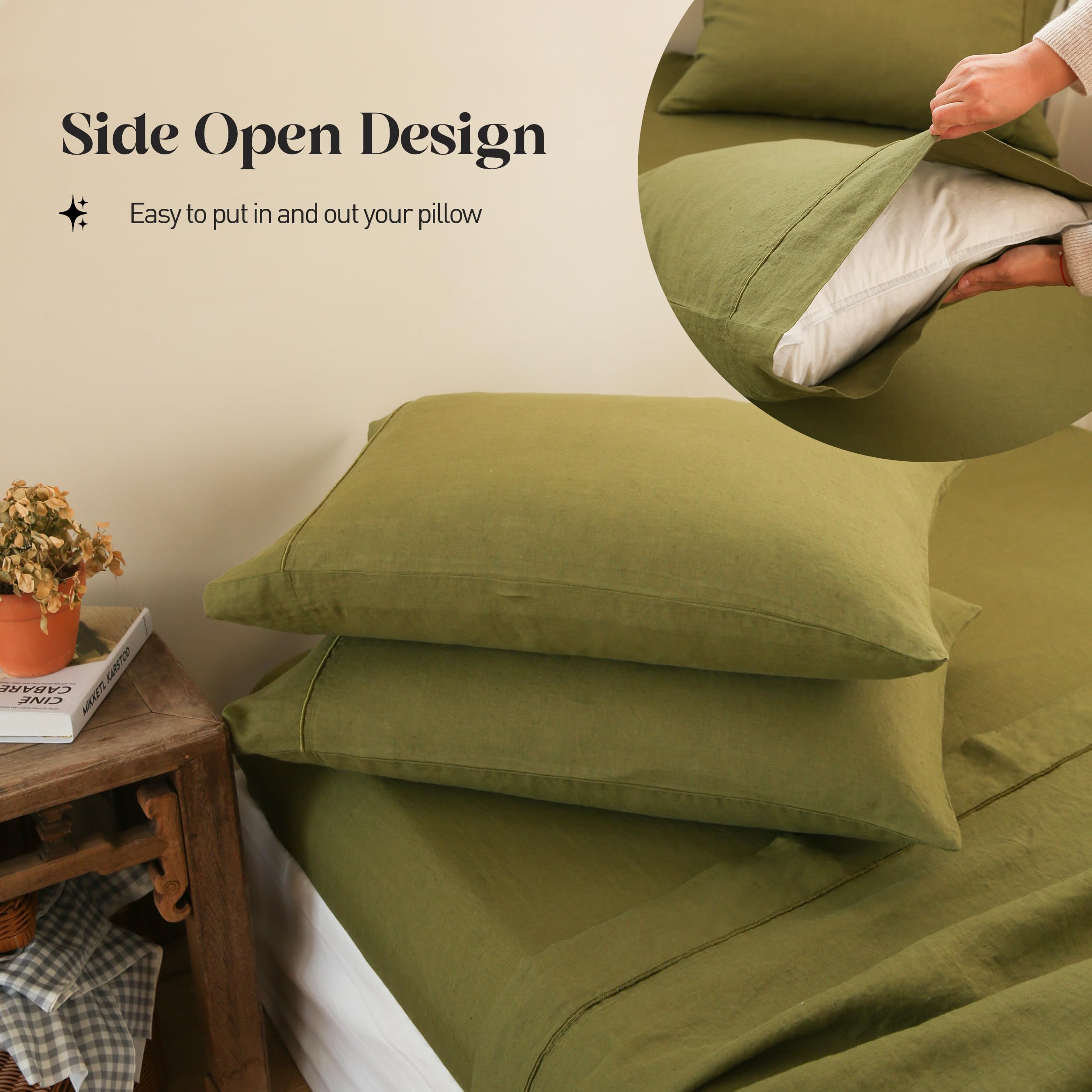 100% Pure Linen Sheet Set Full Size - Natural French Flax 4-Piece Washed Breathable Bedding (Flat Sheet, Fitted Sheet, 2 Pillowcases) in Olive Green with Embroidery | Farmhouse & Bohemian Style | Perfect for Hot Sleepers & Eco-Friendly Homes