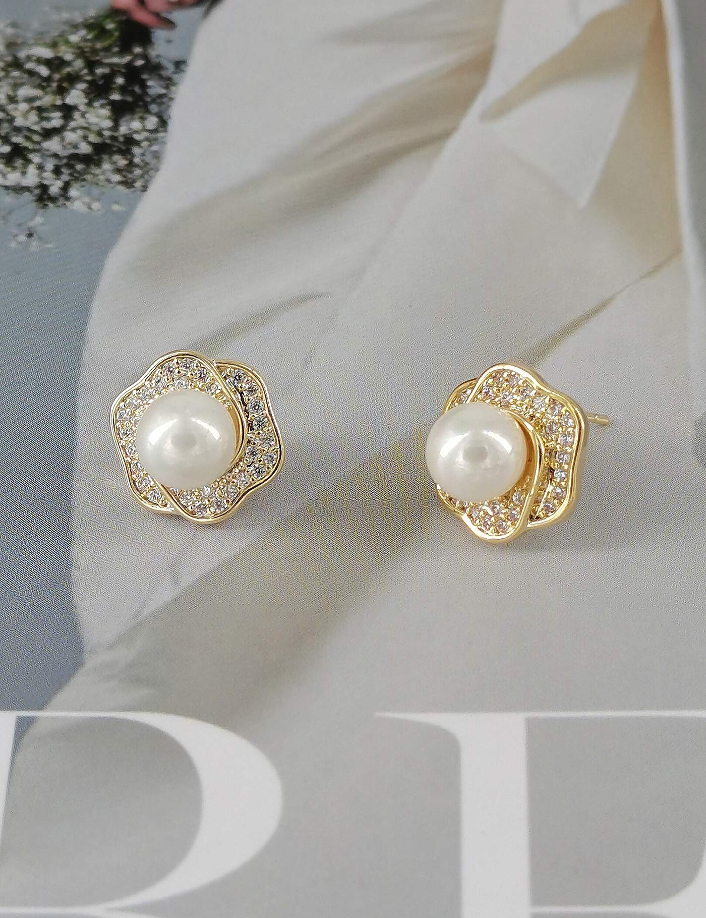 White Pearl Stud Earrings for Women - Cultured Freshwater Pearl & CZ Pave Earrings - Elegant Jewelry for Wedding, Party & Everyday Wear