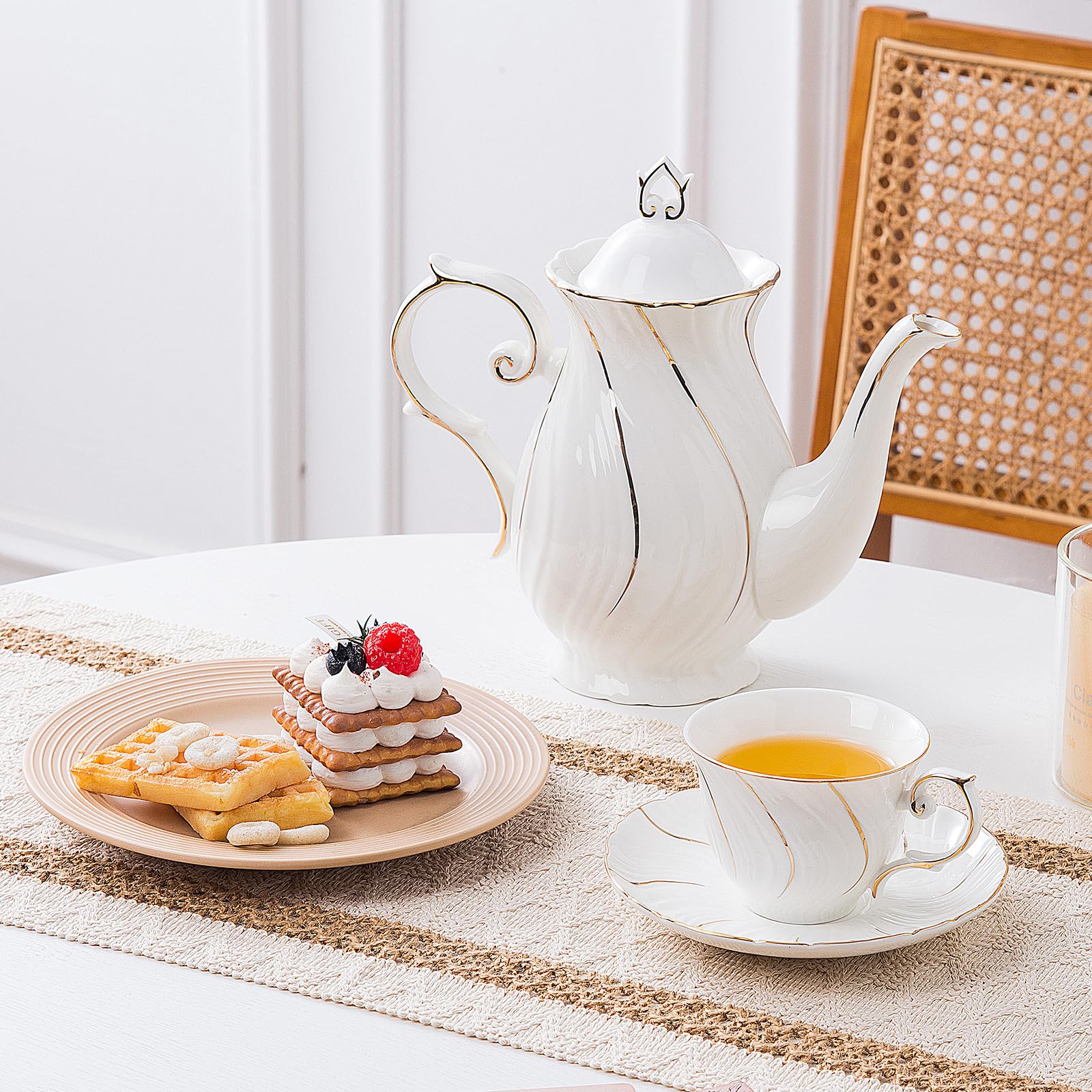 6-Piece Porcelain Tea Cup and Saucer Set - 6oz Elegant White with Gold Trim for Tea, Coffee, Latte, Mocha - Perfect for Afternoon Tea Parties, Bridal Showers, and Cafe Dining