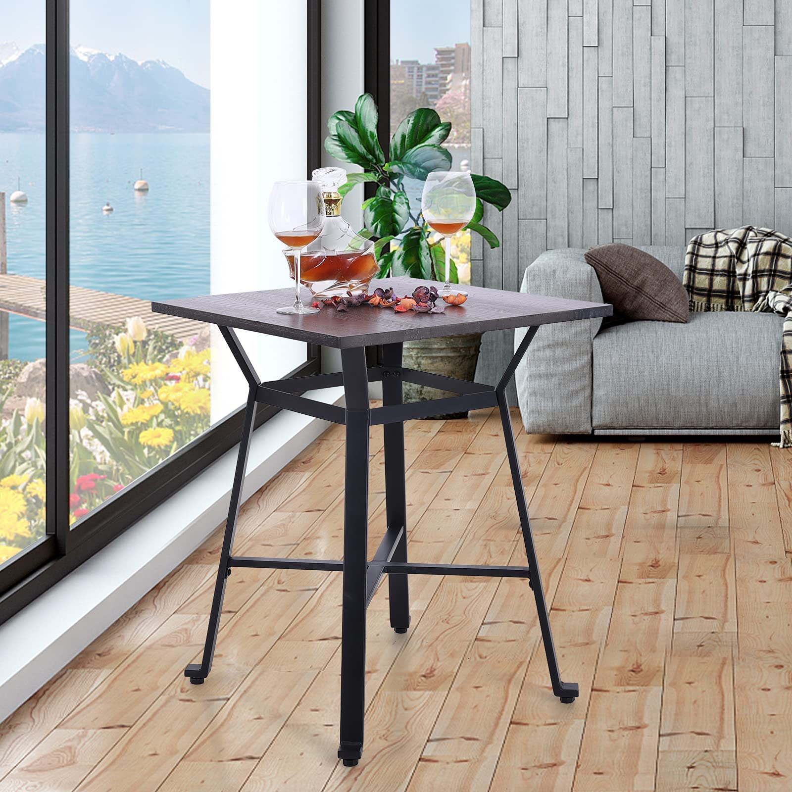 Modern Square Solid Wood Bar Height Pub Table - Sturdy Metal Frame Bistro Kitchen Cafe Dining Table - Easy to Assemble Indoor Use for Home, Restaurant & Office - Brown