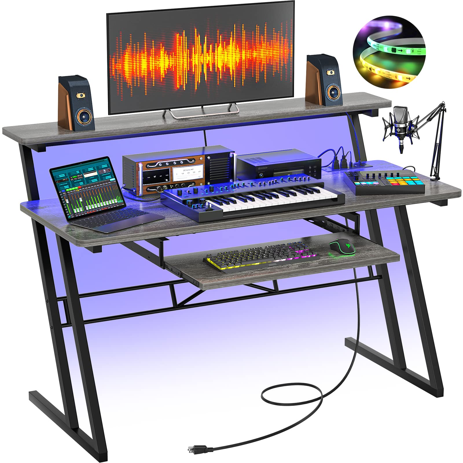 Armocity Music Studio Desk with Power Outlets & RGB LED Lights - Professional Recording Desk for Music Producers, Home Studio Workstation with Cable Management (Grey Oak) - Perfect for Home Studios, Podcasting & Music Production