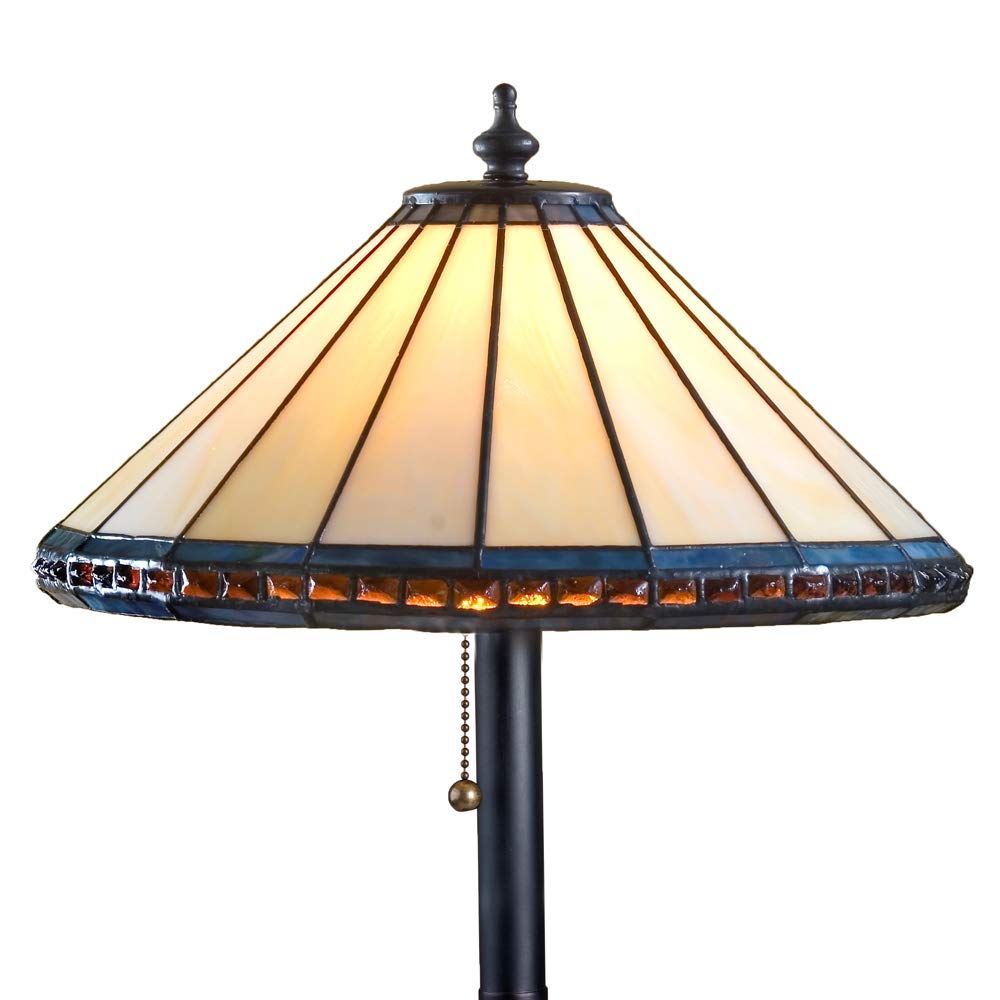 Small Tiffany Stained Glass Table Lamp - Ivory Blue Amber J Devlin Lam 646 TB for Desk, Bedroom, Nightstand & Living Room | Elegant Home Decor Accent Lighting for Reading & Relaxation