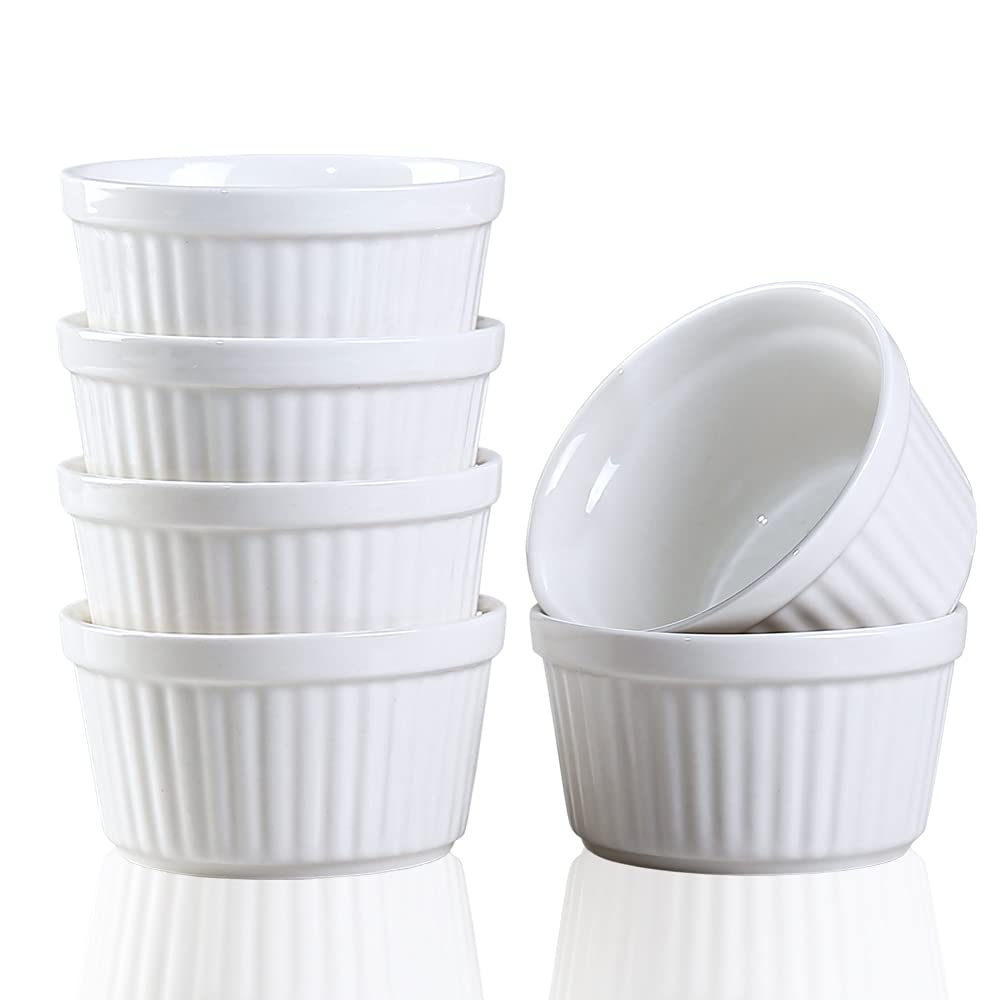 6-Piece White Porcelain Ramekin Set - 6oz Oven-Safe Baking Bowls for Crème Brûlée, Soufflé, Pudding & Dipping Sauces - Perfect for Desserts, Appetizers & Home Entertaining