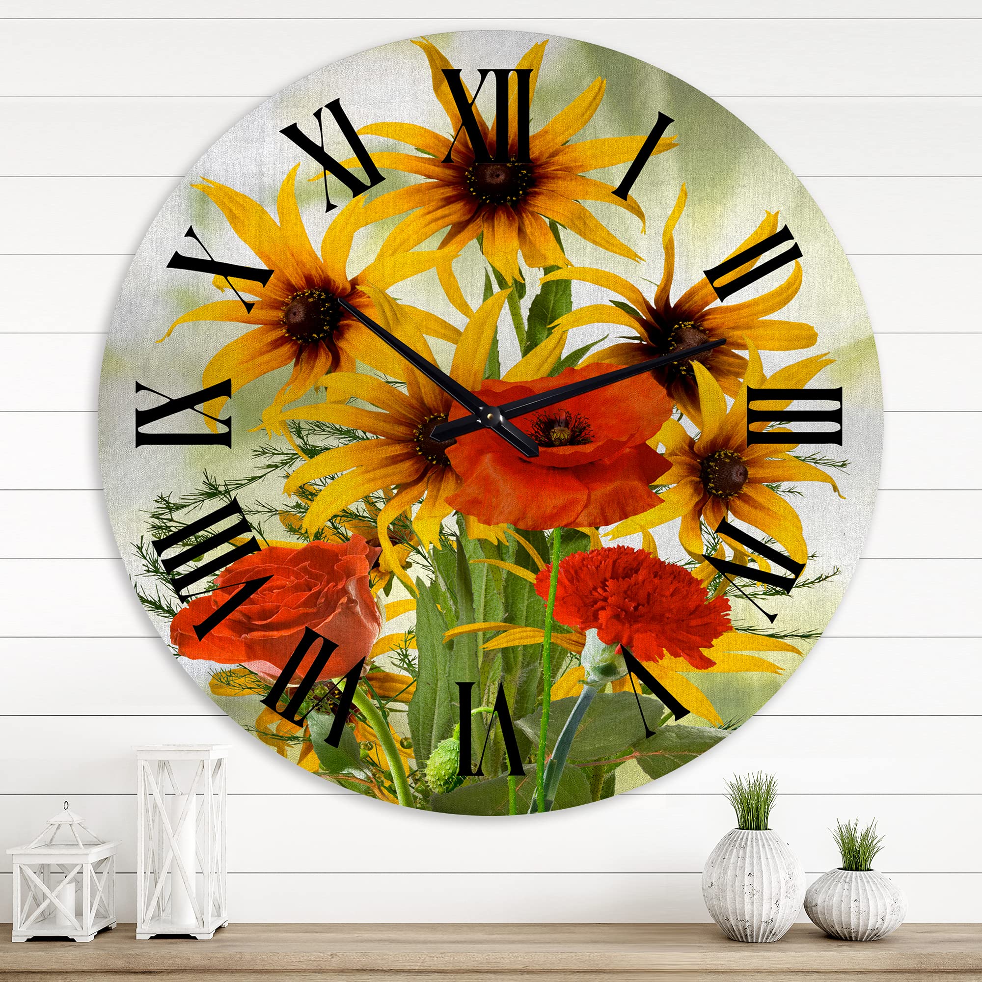 DesignQ Traditional Wall Clock - Large Floral & Botanical Wall Decor with Sunflowers and Poppies for Kitchen, Living Room, Bedroom, Office | Perfect Home Decoration Gift