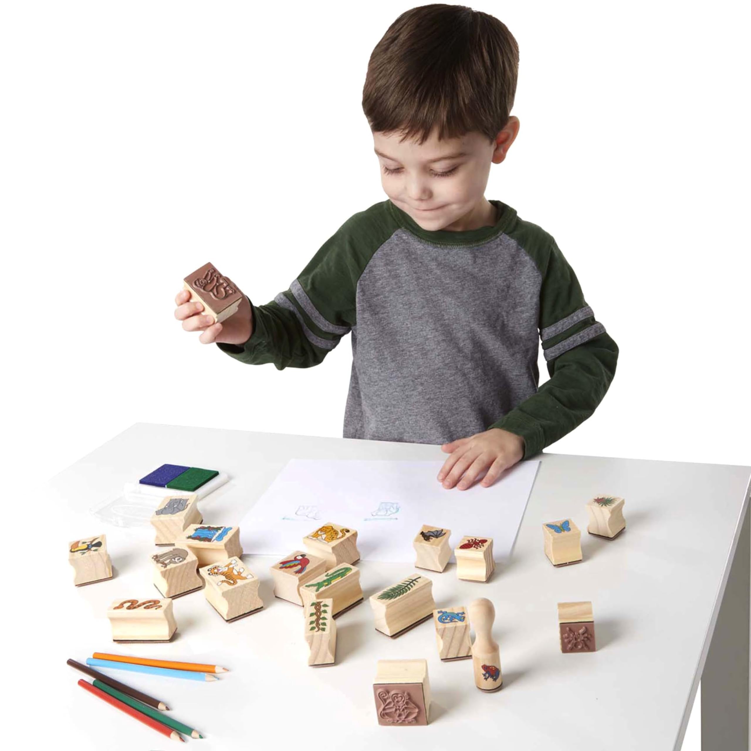 Melissa & Doug Rain Forest Stamp-a-Scene Set - 20 Wooden Stamps, 5 Colored Pencils & 2-Color Stamp Pad for Kids Art Activities, DIY Greeting Cards & Creative Play