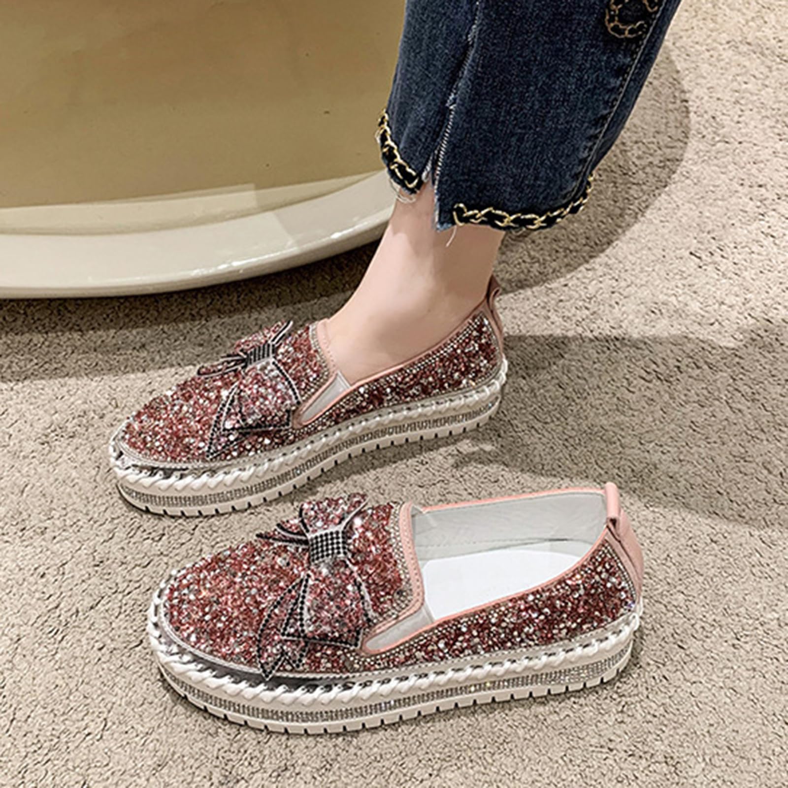 YIBLBOX Women's Rhinestone Glitter Loafers - Cute Bow Platform Sneakers for Casual Wear, Slip On Comfort Shoes for Daily Outfits & Office Fashion