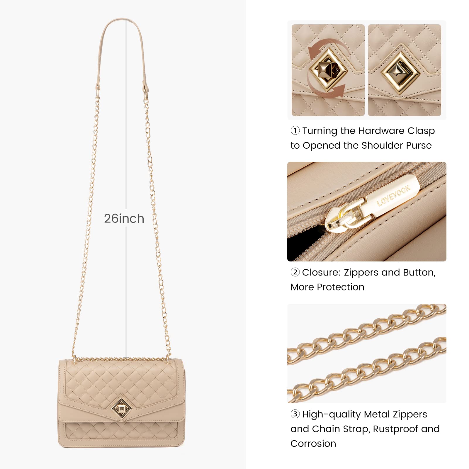 LOVEVOOK Women's Leather Quilted Crossbody Bag with Chain Strap - Stylish Clutch Satchel Purse for Evening, Party & Daily Use | Trendy Shoulder Bag for Ladies