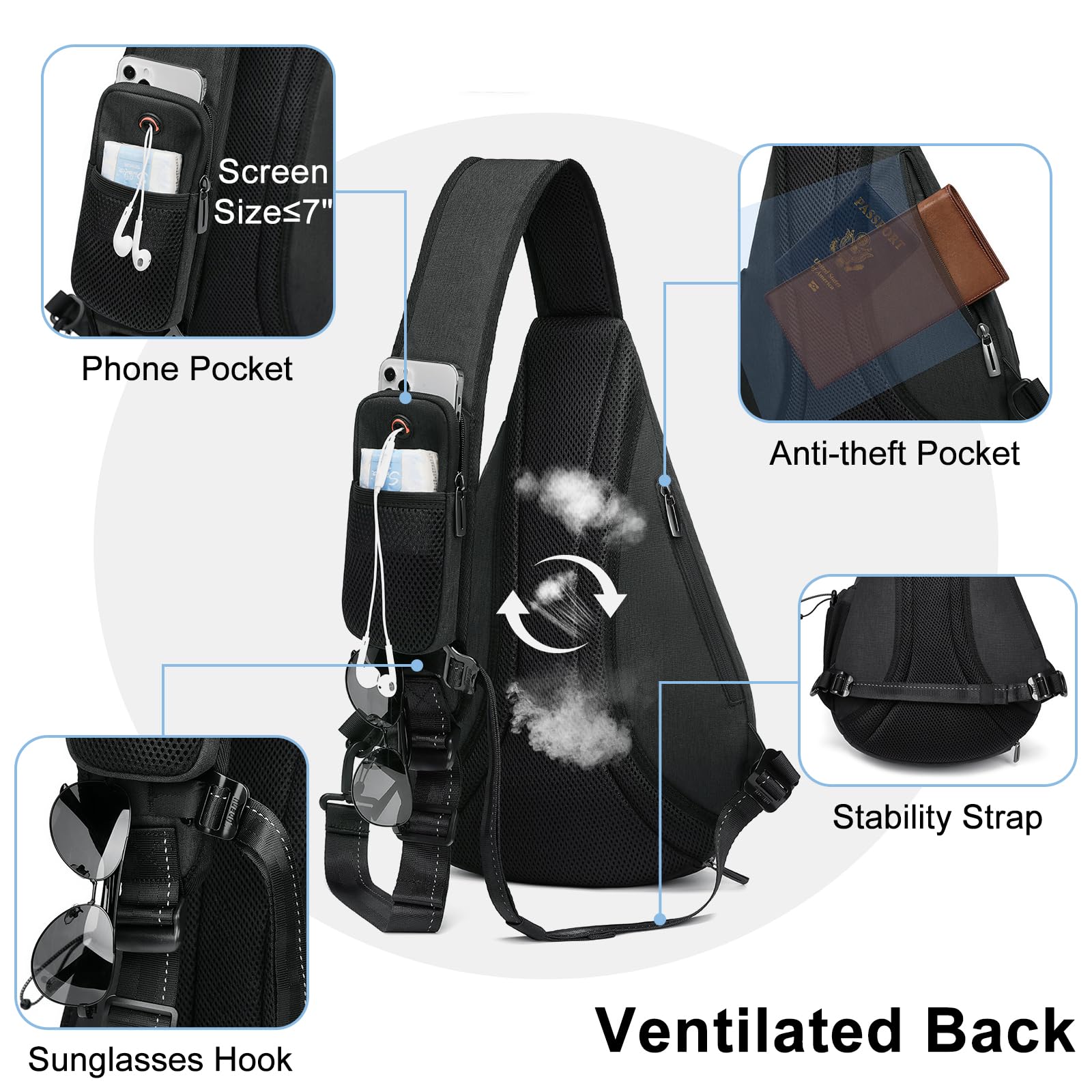 TUDEQU Sling Backpack for Men - 19L Large Crossbody Bag with 8 Pockets - Durable Travel & Hiking Backpack for Outdoor Adventures, Commuting, Gym & Daily Use