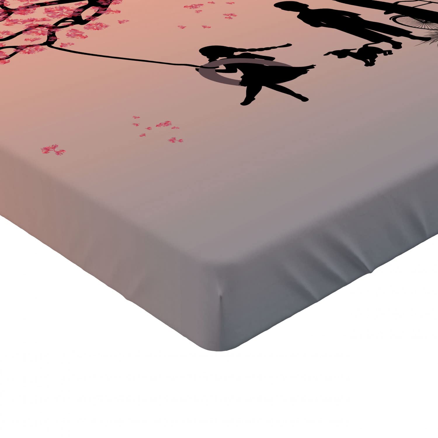Ambesonne Tree of Life Fitted Sheet - Twin XL, Pink Black - Cherry Blossom Dog Art for Cozy Bedroom Decor