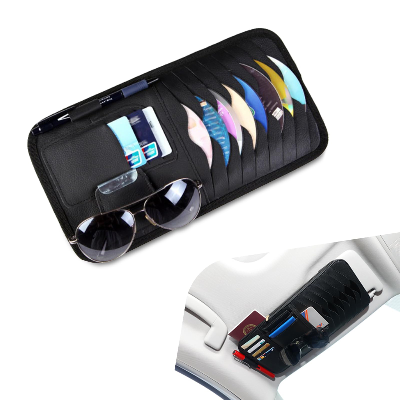 1-Pack Universal Car Sun Visor CD Organizer - Multi-Pocket Leather Storage Holder for CDs, Sunglasses & Pens | One-Hand Grab & Go Car Accessory | Perfect for Road Trips & Daily Commuting (Black)
