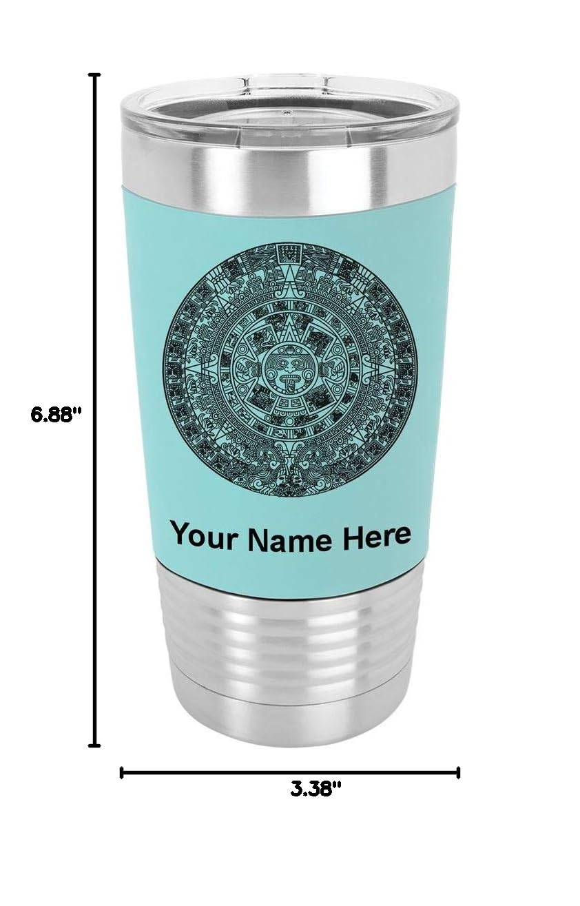 LaserGram 20oz Vacuum Insulated Stainless Steel Tumbler Mug with Aztec Calendar Design - Personalized Engraving, Leak-Proof Lid & Silicone Grip (Teal) - Perfect for Coffee, Tea, Cold Drinks at Home, Office, Gym or Travel