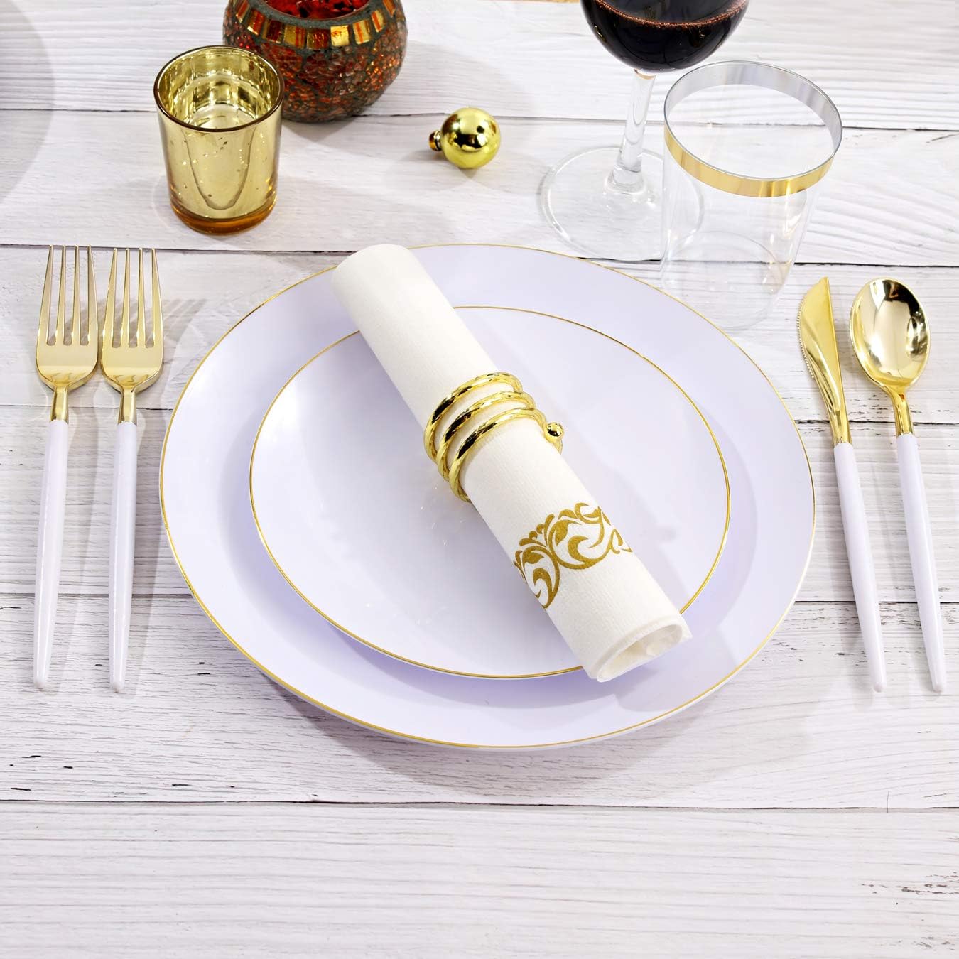 200PCS White Plastic Plates with Gold Rim - 100PCS 7.5inch Disposable Dessert Plates & 100PCS 10.25inch Dinner Plates - Elegant Gold Plastic Plates for Wedding, Party, Birthday, Baby Shower & Holiday Celebrations