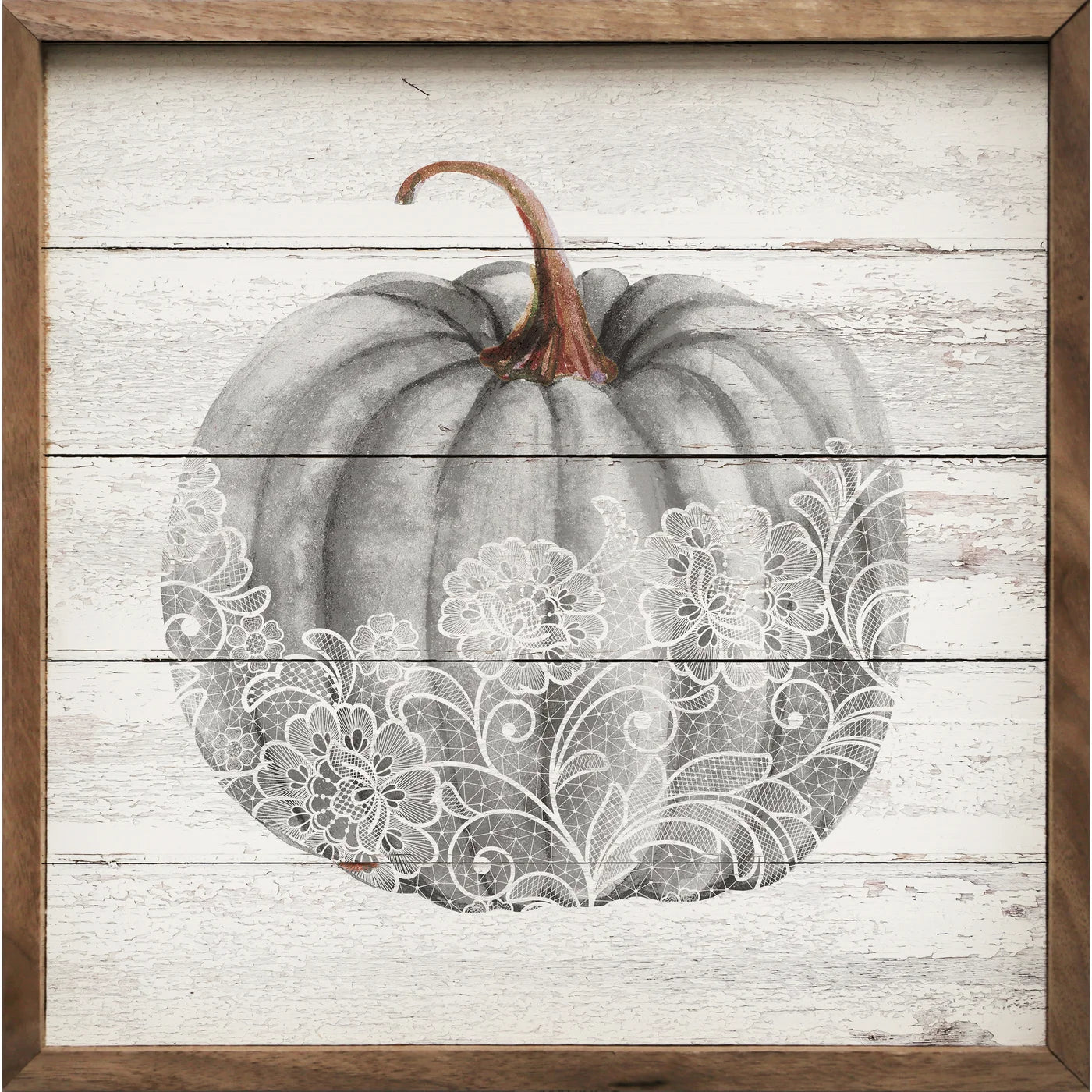 Lace Gray Pumpkin Wood Framed Print - Fall Home Decor, Thanksgiving Wall Art, Autumn Farmhouse Decor for Living Room, Bedroom & Office