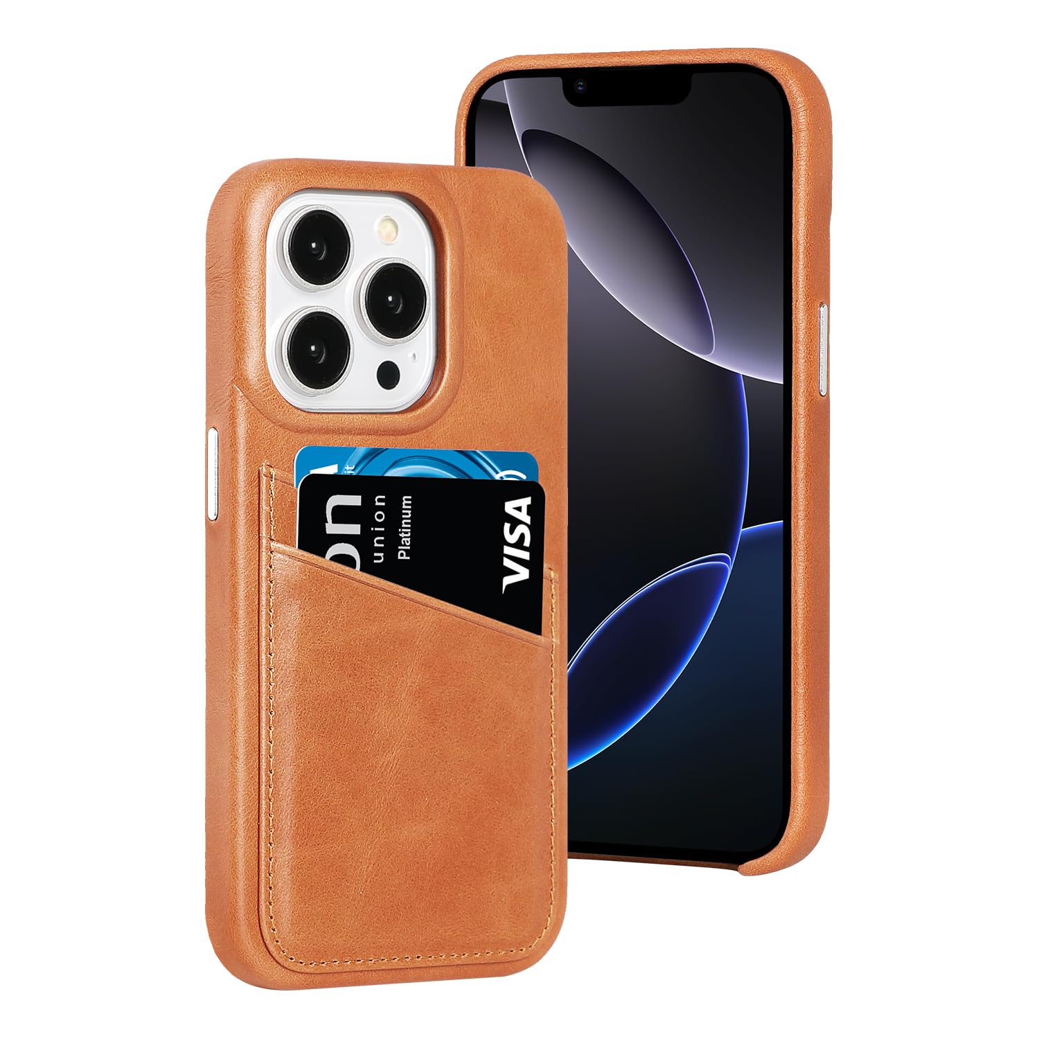 Premium Genuine Leather Wallet Case for iPhone 13 Pro (6.1 Inch) - Slim Card Holder with 2 Credit Card Slots - Brown Leather Phone Cover - Perfect for Everyday Use, Travel & Business Meetings