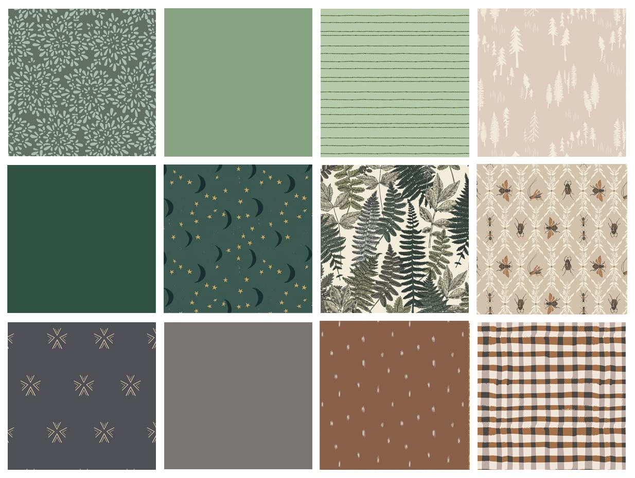 Natural Wonders Quilt Fabric Bundle - Brown Green Gray Fabric for Men & Boys | Bugs, Plants, Trees, Moon & Stars Design | Half Yard Art Gallery Fabrics for Quilting, Sewing & DIY Home Decor Projects