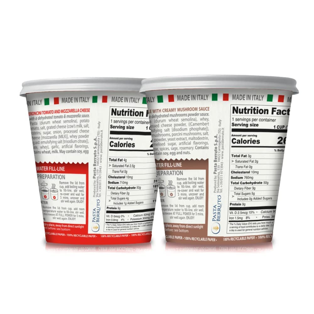 Berruto Individual Microwave Pasta Cup 2.4 oz - Pomodoro Mozzarella & Creamy Mushroom Flavors - Quick Easy Meal - Recyclable Packaging - No Palm Oil, No Preservatives - Assorted 8 Pack - Perfect for Office Lunch, College Dorm, or Camping Meals