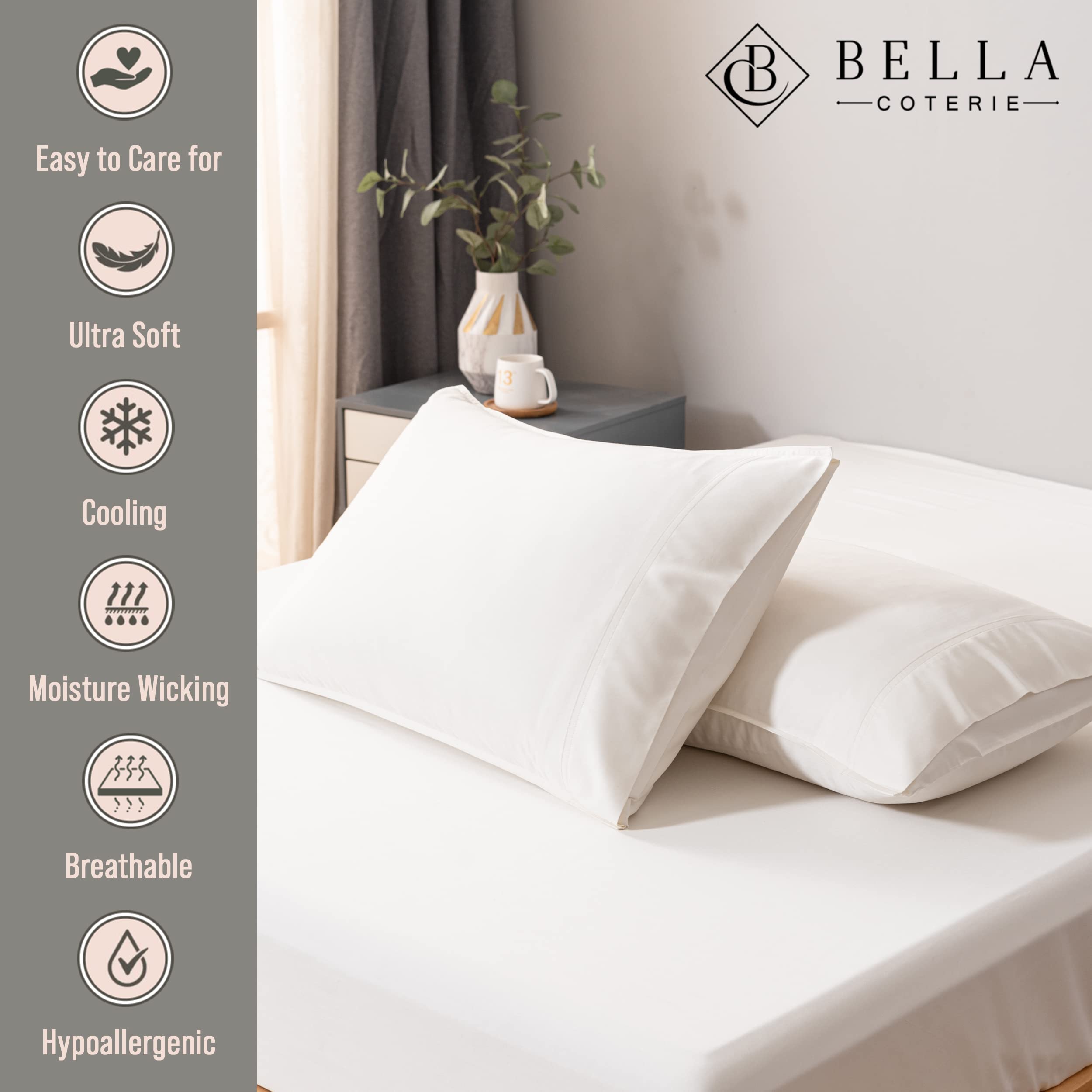 Luxury Bamboo Queen Size Pillowcase Set - 100% Organic Bamboo Viscose, Ultra Soft & Cooling - 2 Piece Ivory Pillow Covers for Bedroom, Hotel, Spa & Gift
