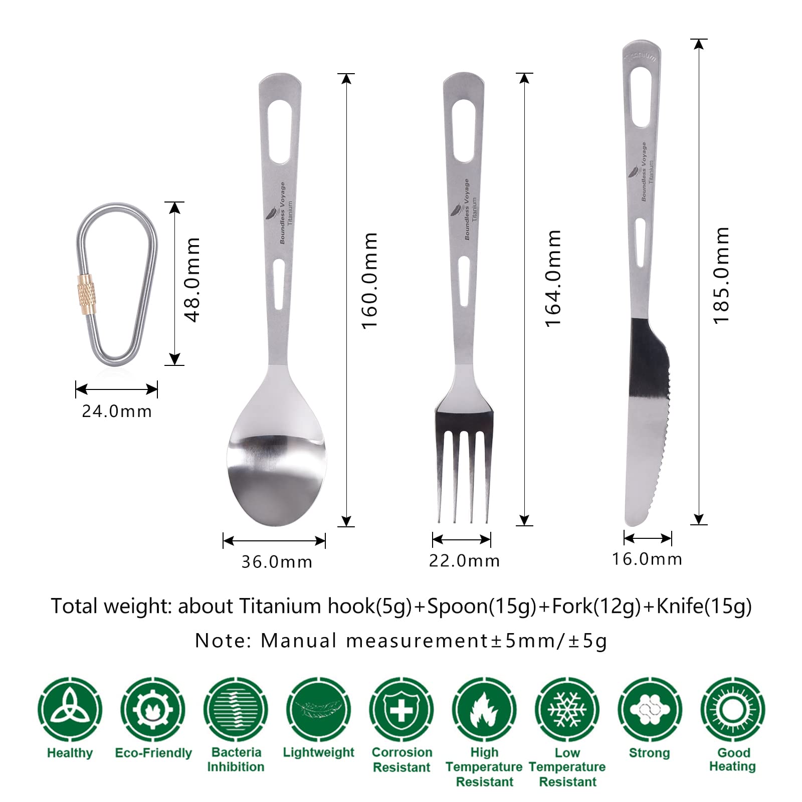 Boundless Voyage Titanium 3-Piece Cutlery Set - Lightweight Spoon, Fork & Knife for Camping, Hiking, Travel & Home Use | Durable & Portable Titanium Flatware Utensils | Eco-Friendly Tableware for Outdoor Adventures & Daily Dining