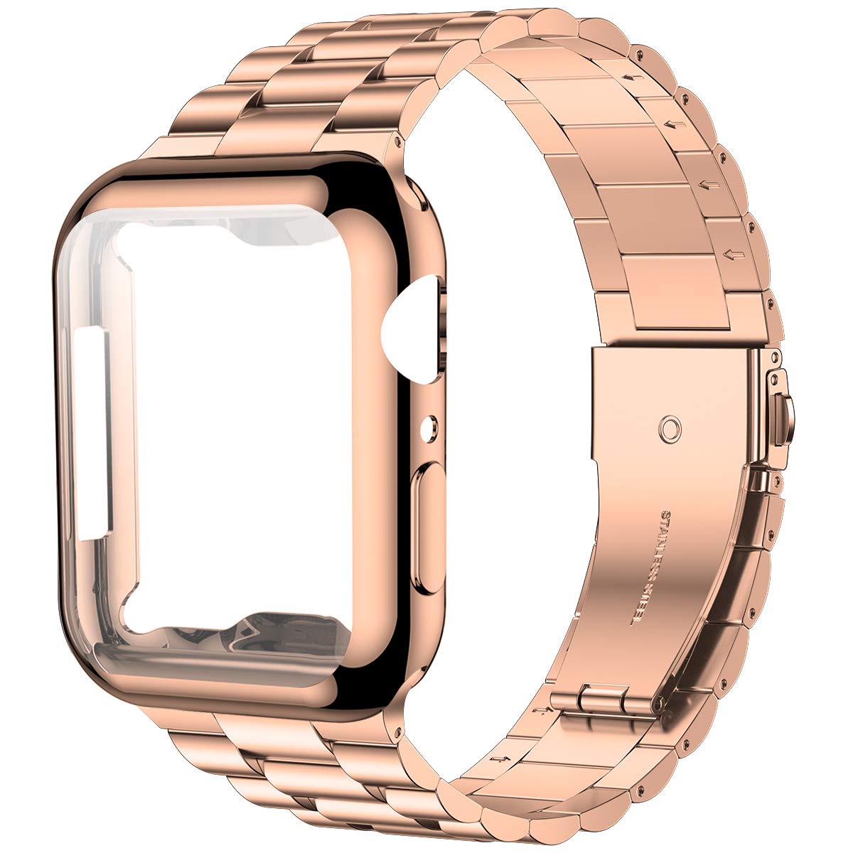iiteeology Compatible Apple Watch Band 44mm for Series 6/5/4/SE - Premium Stainless Steel Strap with Screen Protector Case (Rose Gold) - Perfect for Workouts, Office & Everyday Wear for Men & Women