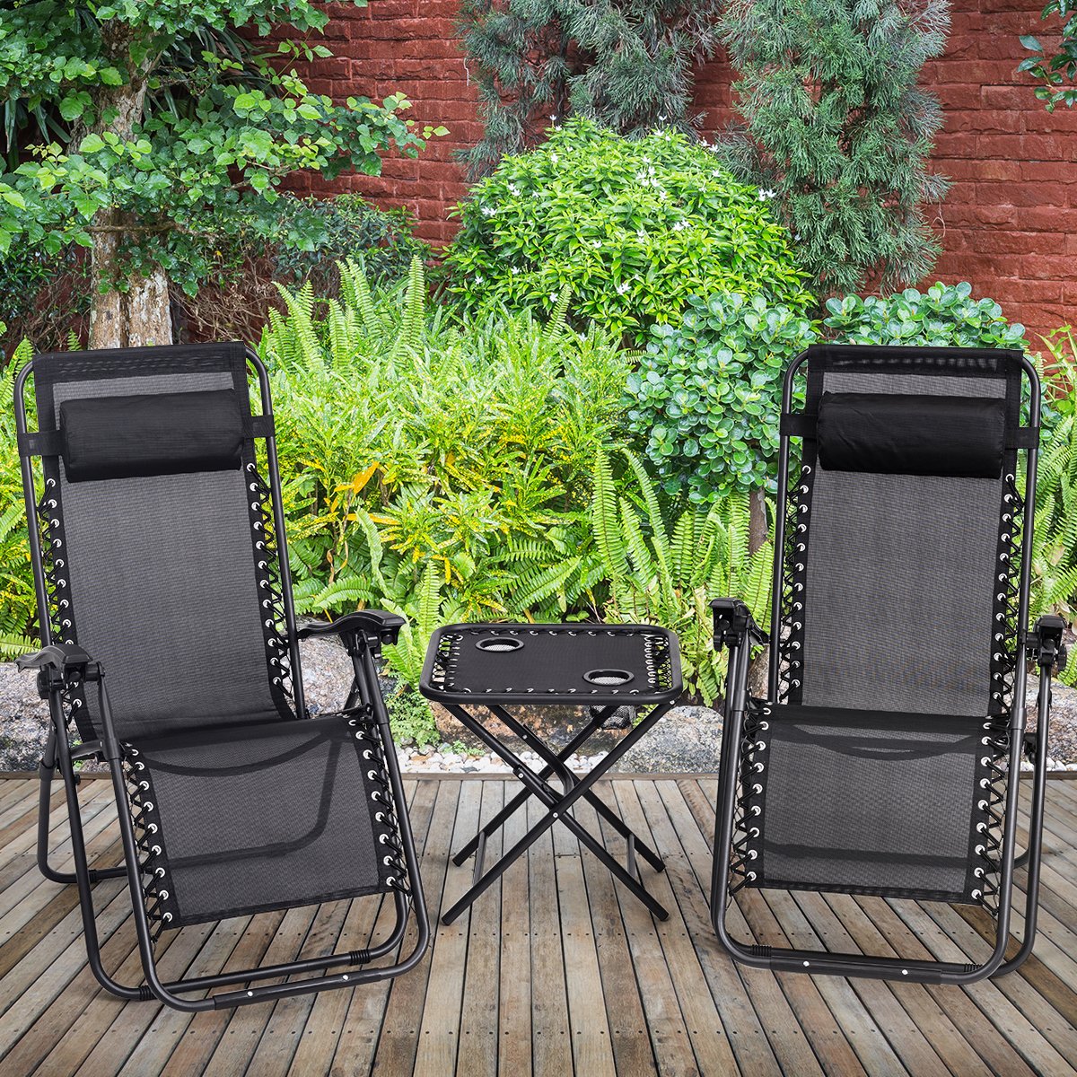 Giantex 3-Piece Zero Gravity Chair Set - Patio Chaise Lounge Chairs for Outdoor, Yard, Pool - Folding Recliner with Side Table (Black) | Perfect for Backyard Relaxation, Beach Lounging & Poolside Comfort