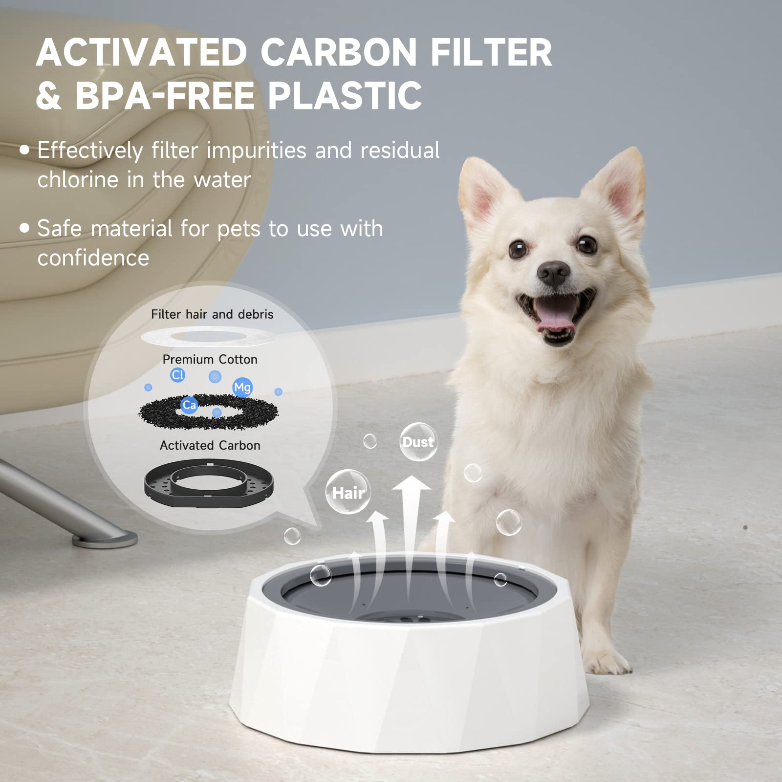 No Spill Slow Feeder Pet Water Bowl - 70oz/2L Large Capacity Drip-Free Dog & Cat Bowl with Filter, Grey - Perfect for Travel, Home & Outdoor Use