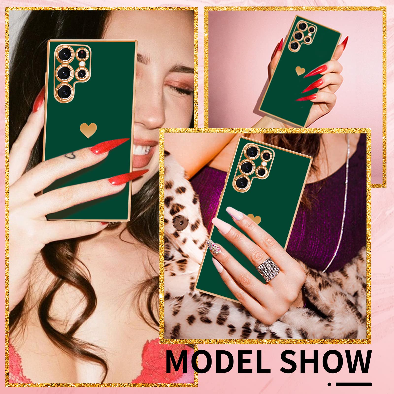 3-in-1 Heart Pattern Phone Case for Samsung Galaxy S22 Ultra - Cute Aesthetic Love Design with Screen Protector & Chain (Black/Gold/Green) - Perfect Gift for Women & Girls | Trendy Protective Cover for Daily Use, Work & Travel