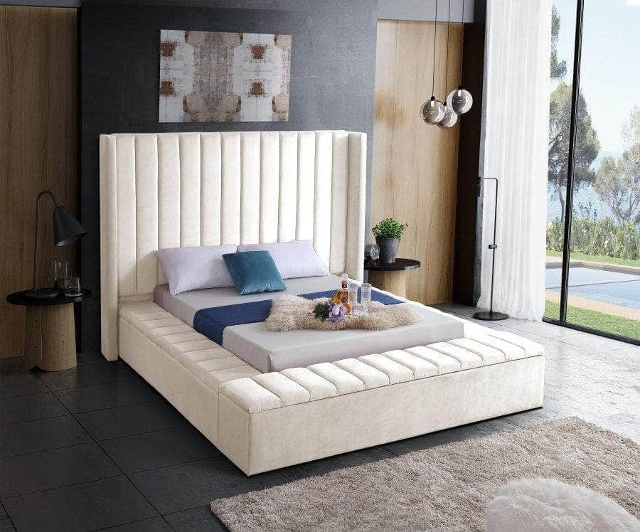 Vaughan Velvet Wingback Platform Bed with Channel Tufting & 3 Storage Benches - Queen/King Size, Gray/Blue/Pink - Luxurious Bedroom Furniture for Master Suite, Guest Room & Apartment