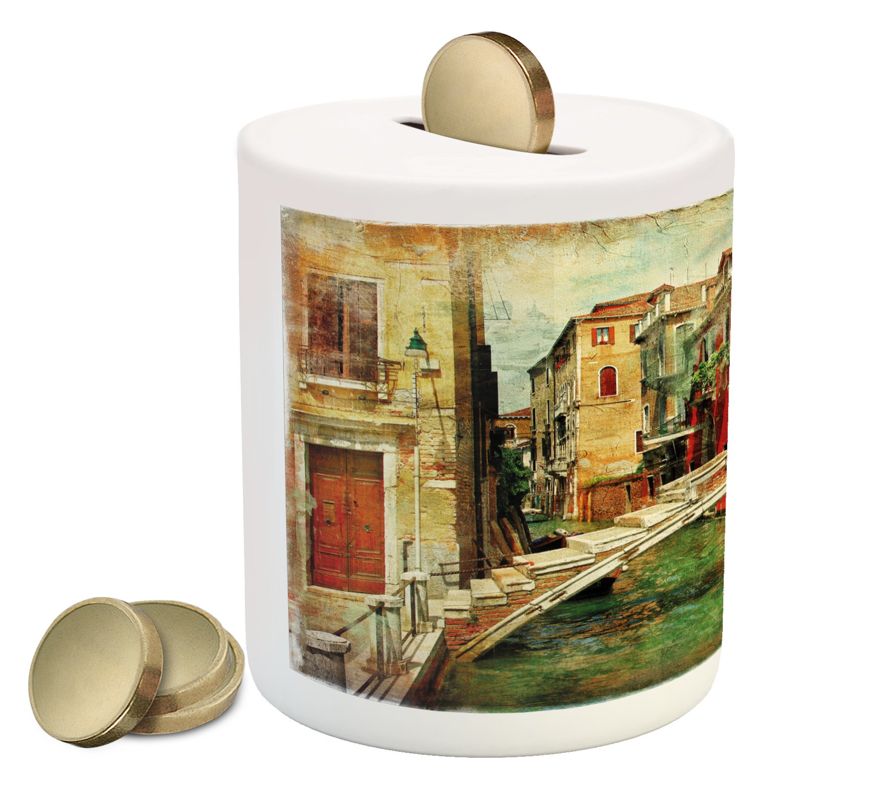 Ambesonne Venice Piggy Bank - Vintage Venetian Landscape Art Ceramic Coin Bank for Cash Savings, Green Red & Pale Brown | Perfect Gift for Collectors & Home Decor
