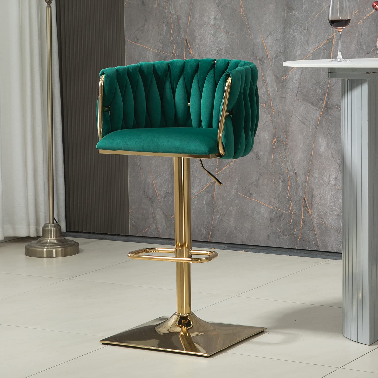 Velvet Swivel Bar Stools with Back & Footrest - Modern Adjustable Counter Height Bar Chairs for Kitchen Island, Dining Room & Pub - Green Velvet Bar Stools for Home Decor & Entertaining