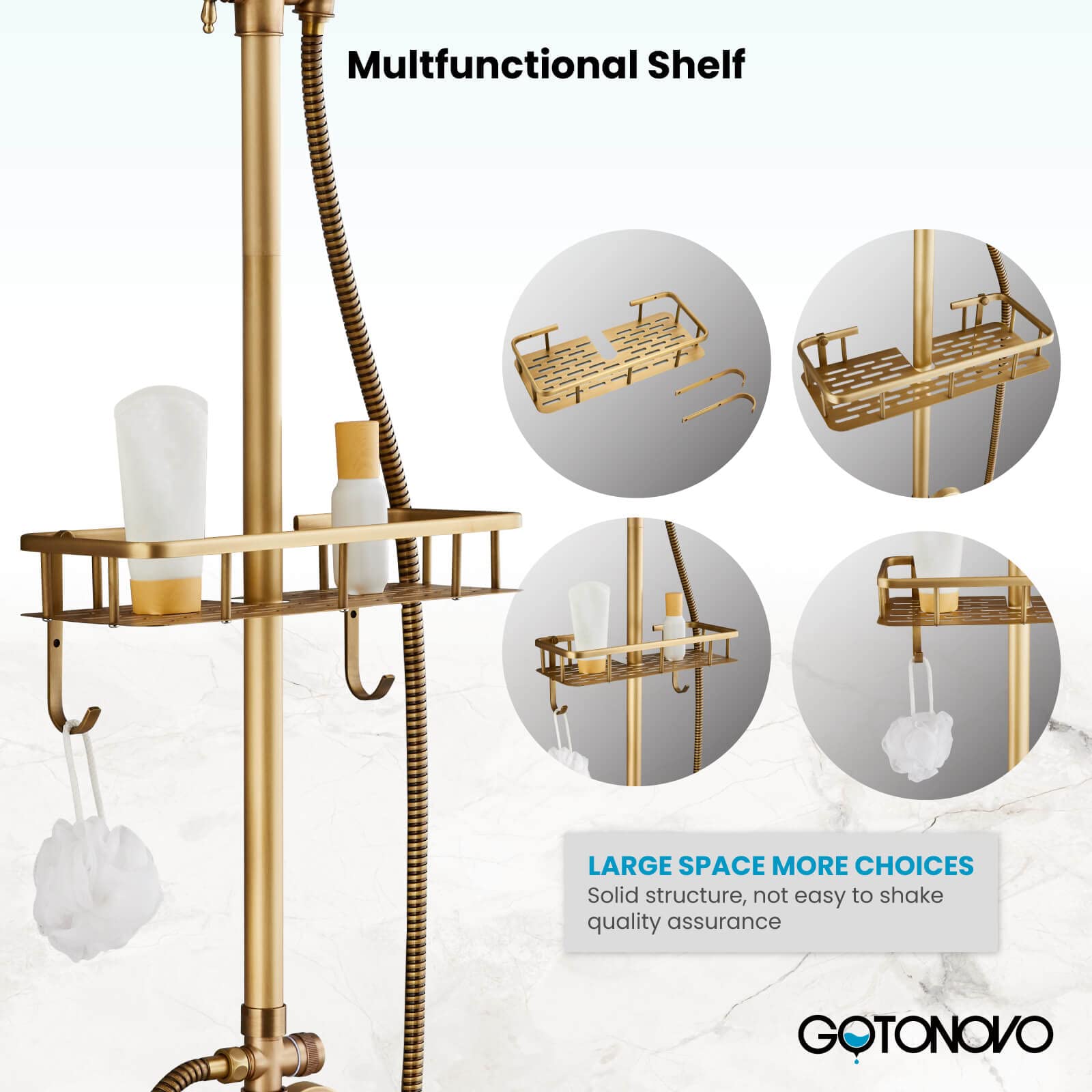 Gotonovo 8 Inch Antique Brass Rainfall Shower System - Wall Mounted Bathroom Faucet with Adjustable Handheld Sprayer, Shower Shelf & Double Cross Handles | Perfect for Vintage Style Bathrooms & Spa-Like Shower Experience