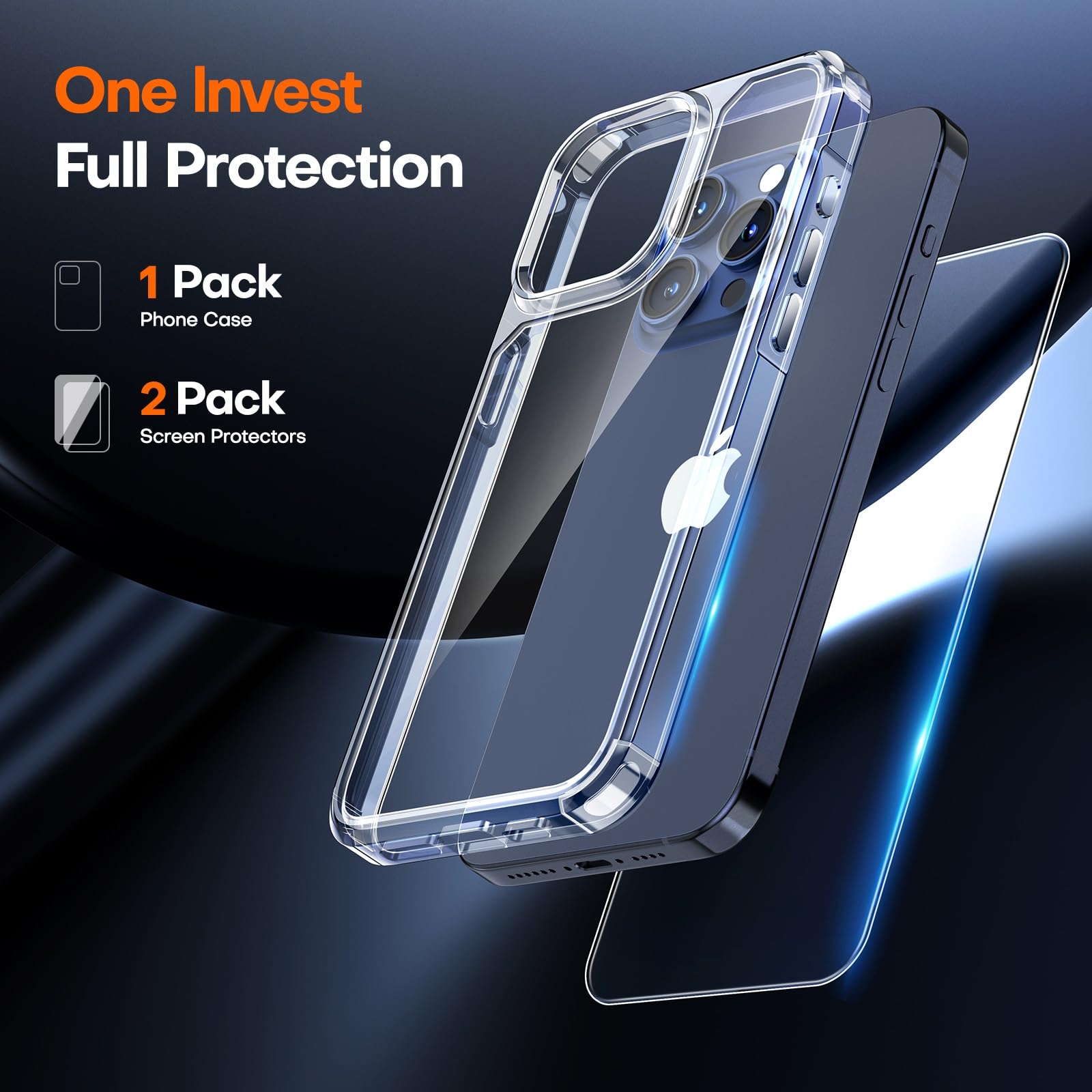 TAURI 3-in-1 Clear iPhone 15 Pro Case (6.1 inch) - Yellowing Resistant, Military-Grade Protection with 2X Tempered Glass Screen Protectors | Slim Shockproof Phone Cover for Everyday Use, Travel & Outdoor Activities