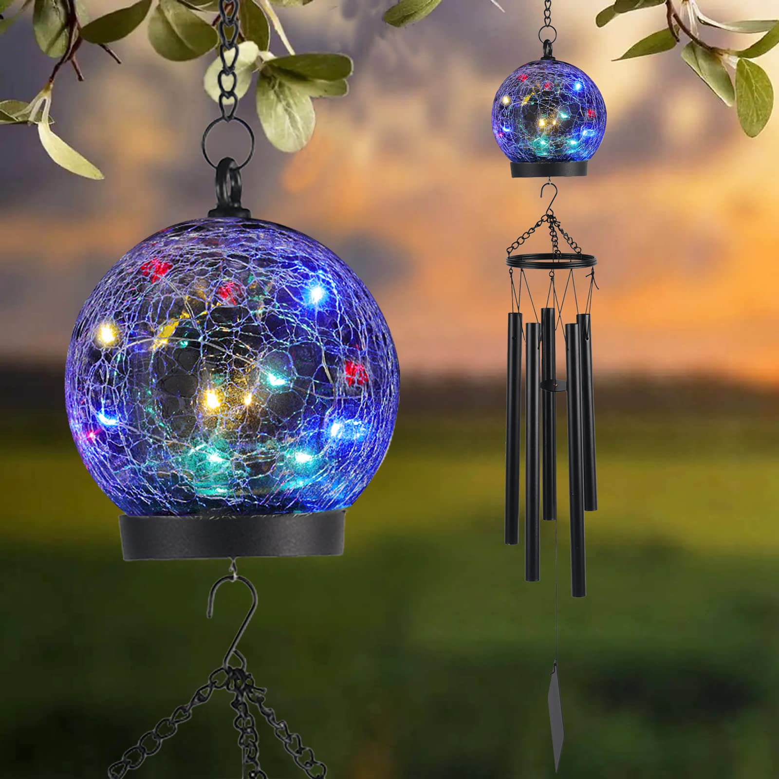 Solar-Powered Wind Chimes with 15 LED Twinkle Lights - 42 Inch Large Crackled Glass Ball Outdoor Decor for Garden, Yard, Patio - Perfect Sympathy Gift for Women & Birthday Present - Ideal for Relaxing Evenings, Landscape Lighting, and Outdoor Ambiance