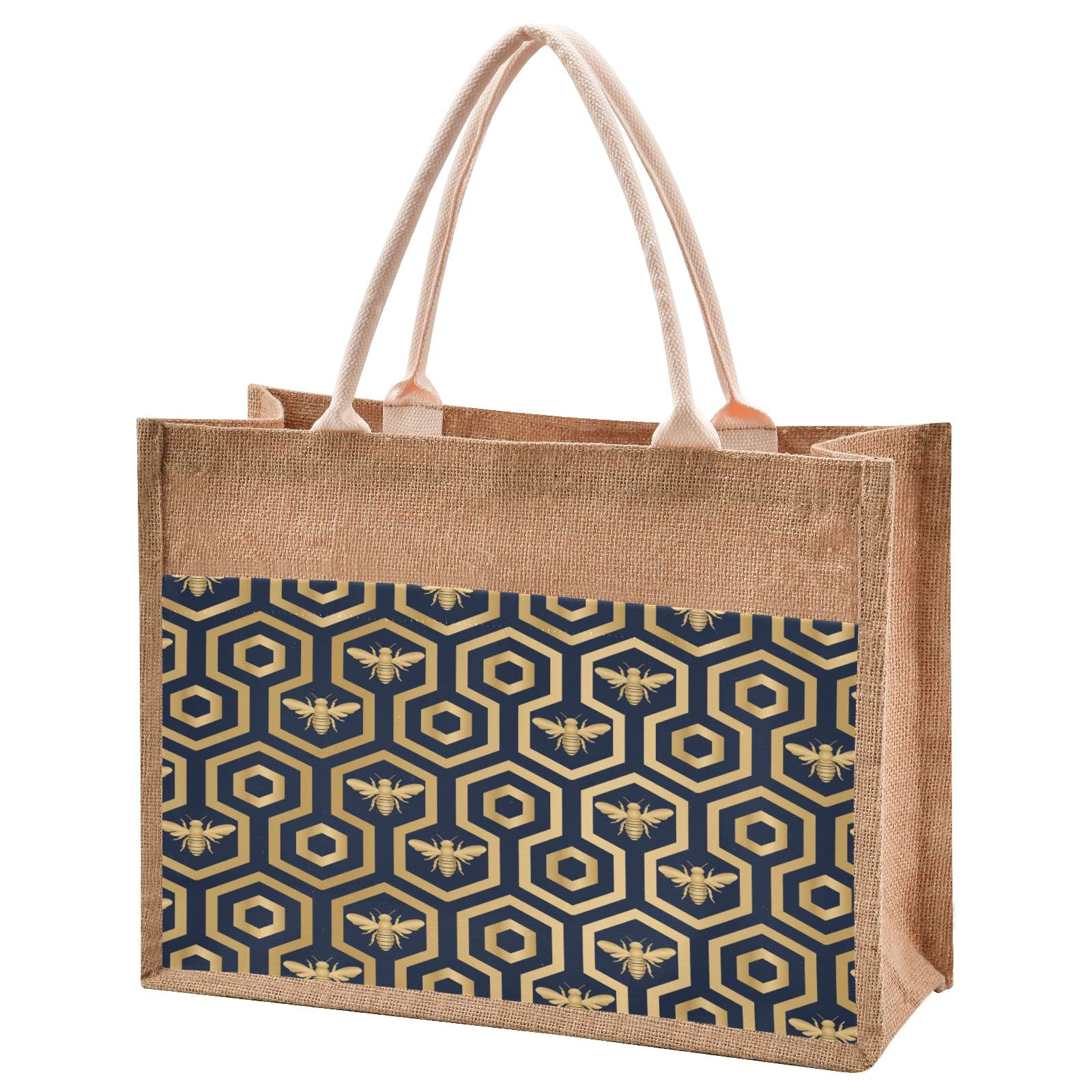 Linqin Hexagon Pattern Jute Tote Bag - Waterproof Burlap Straw Grocery Shopping Bag for Women, Eco-Friendly Beach Tote & Travel Bag - Perfect for Farmers Market, Picnic, and Summer Outings