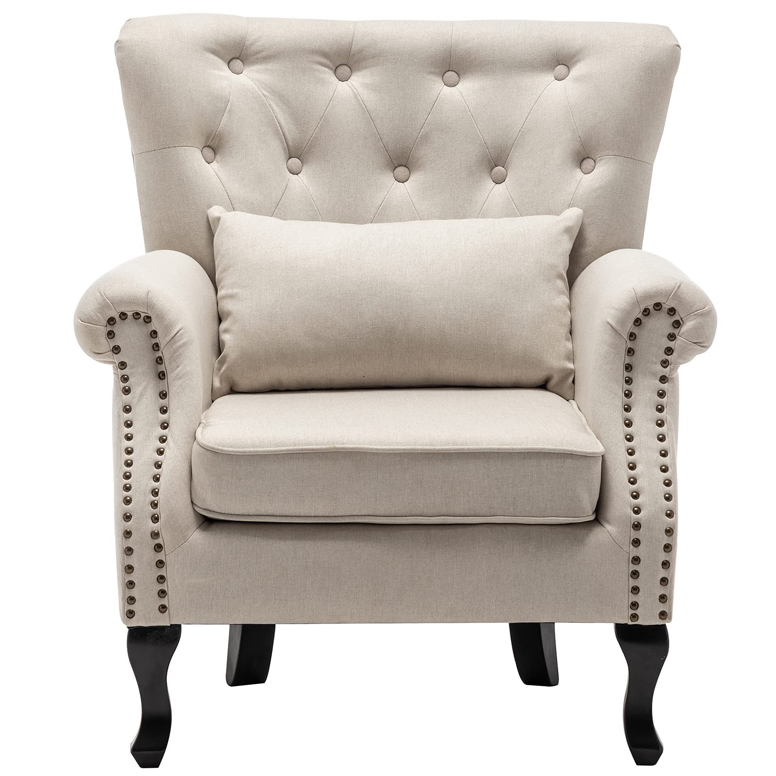 Midcentury Modern Accent Chair - Button Tufted Wingback Armchair with Linen Fabric & Pillow - Comfortable Club Lounge Chair for Living Room, Bedroom, Office - Beige Home Decor for Relaxing & Reading