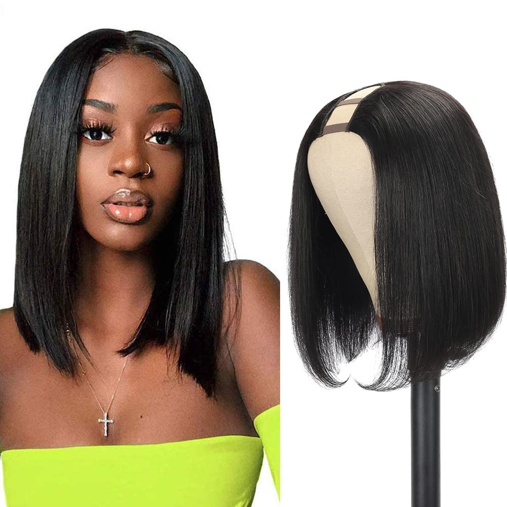 10inch Brazilian Remy Human Hair U Part Wig - Straight Bob Wig for Black Women | Clip-in Hair Extensions | Natural Black Color | Perfect for Daily Wear, Parties & Special Occasions