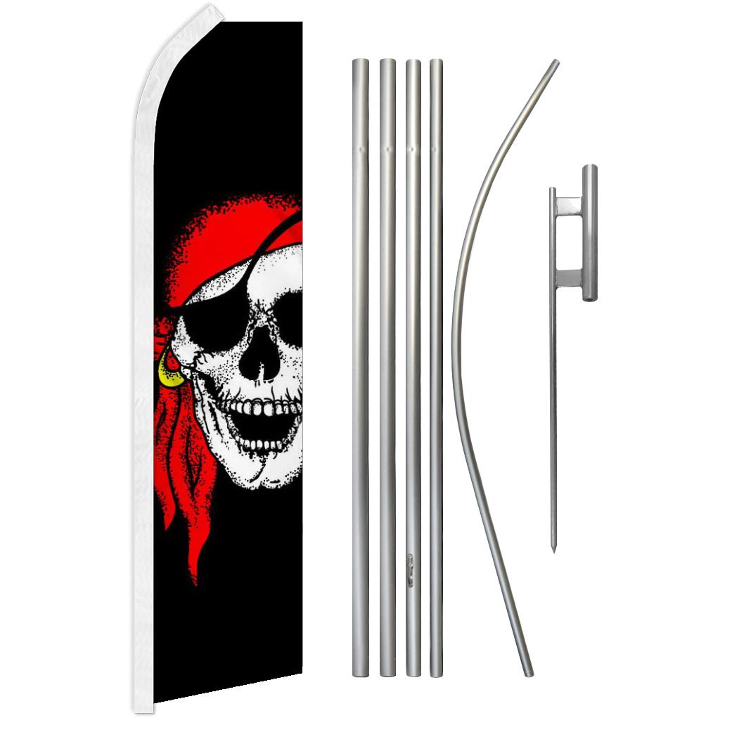 Red Pirate Bandana Swooper Feather Flag & Pole Kit - Halloween Decor, Haunted House Prop, Boat Party Supplies | Perfect for Costume Parties, Nautical Themed Events & Outdoor Advertising