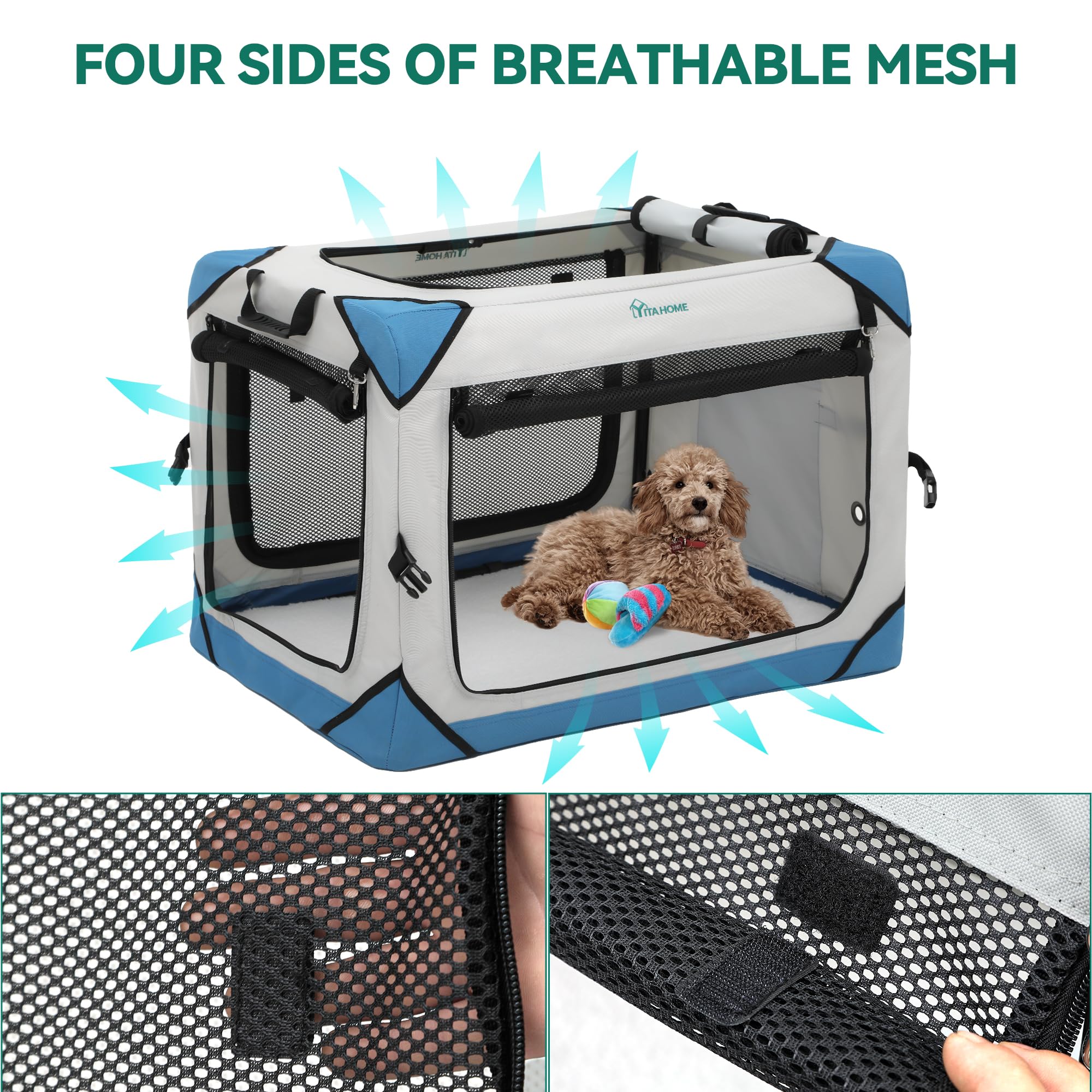 YITAHOME 4-Door Collapsible Dog Crate - Portable Travel Pet Kennel with Breathable Mesh Windows & Soft Mat - Foldable Soft Dog Cage for Indoor Outdoor Use (20