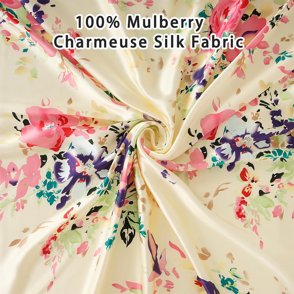 Maxfeel 100% Mulberry Silk Duvet Cover Set - Queen/King/Cal King Size Floral Print Charmuse Silk Bedding | Luxury Soft Comforter Cover for Master Bedroom, Guest Room & Hotel Use